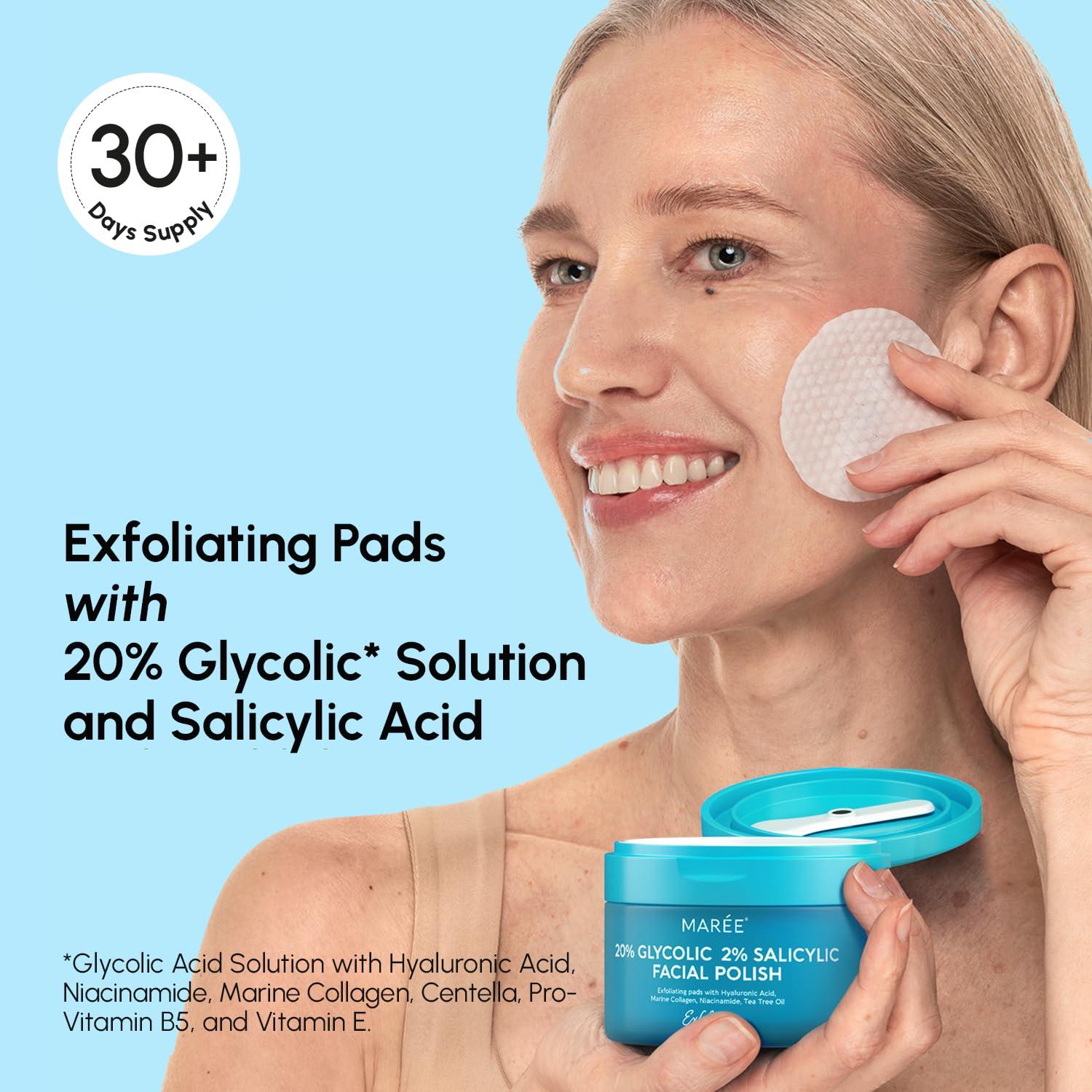 MAREE Glycolic Acid Pads – Toner Pads for Face Cleansing – Exfoliating Pad with Tea Tree Oil, Salicylic Acid & Vitamins E, B3, B5 – Acne Clearing, Skin Pore Resurfacing & Radiance Device – 50 Count(Glycolic Salicylic Pads)