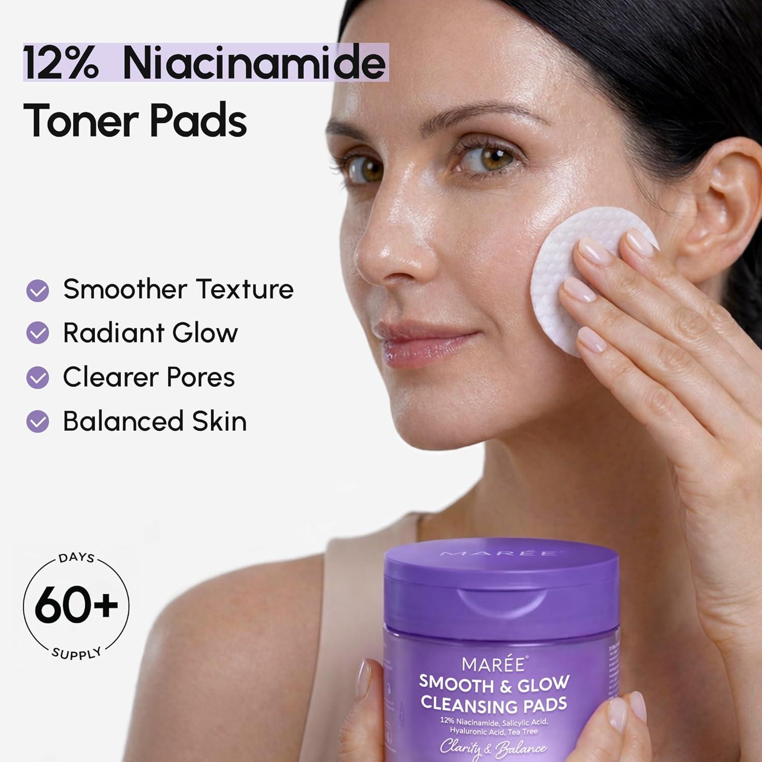 MAREE Glycolic Acid Pads – Toner Pads for Face Cleansing – Exfoliating Pad with Tea Tree Oil, Salicylic Acid & Vitamins E, B3, B5 – Acne Clearing, Skin Pore Resurfacing & Radiance Device – 80 Count(Niacinamide Pads)