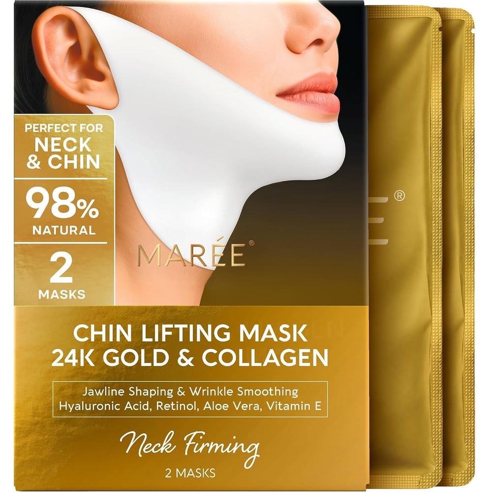 MAREE V Line Lifting Mask with PDRN Salmon DNA – Deep Collagen Face Mask for Women – Jawline Shaper Facial Masks with Retinol – Tightening & Firming Neck Lift Tape – Double Chin Strap for Face Lift(Gold)