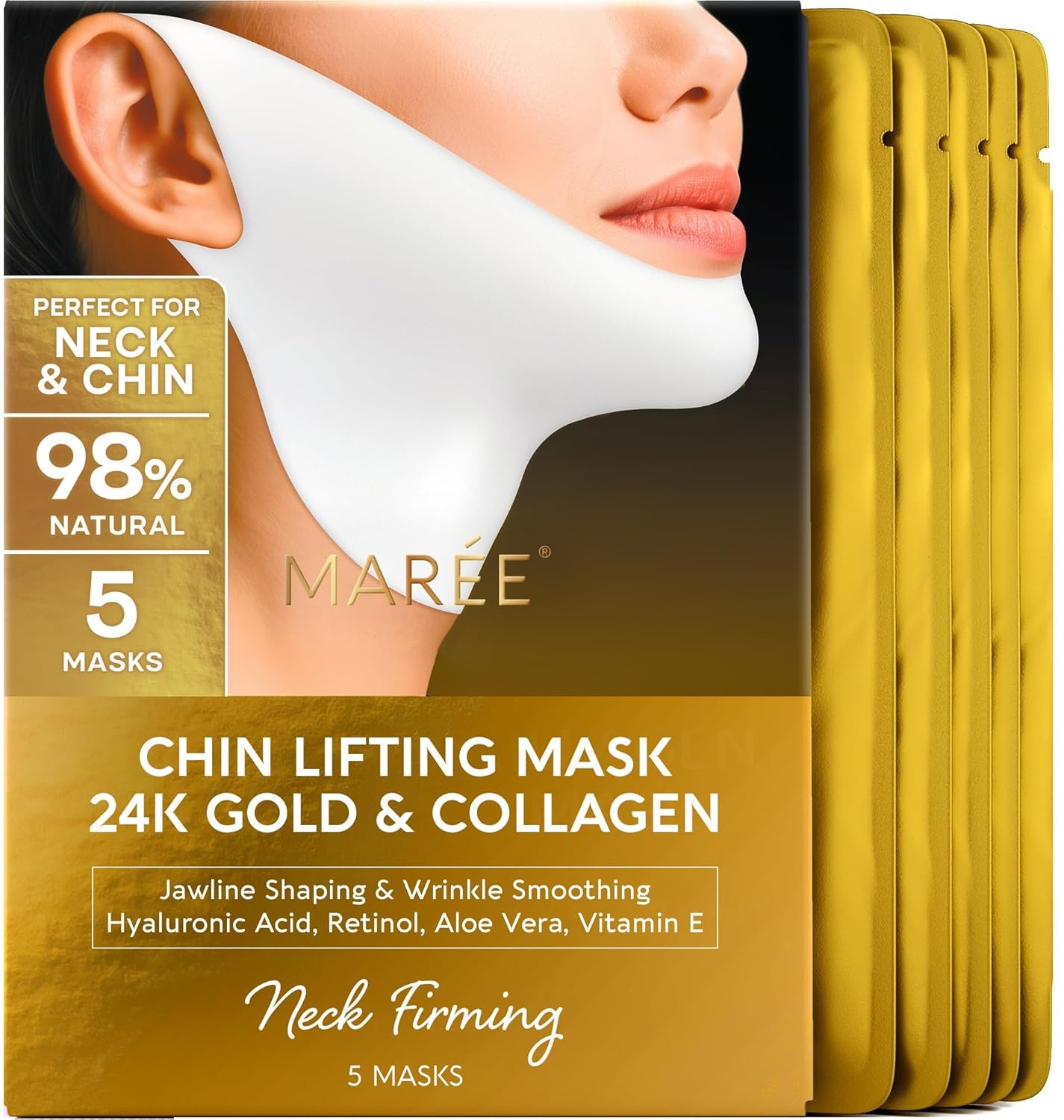 MAREE V Line Lifting Mask with PDRN Salmon DNA – Deep Collagen Face Mask for Women – Jawline Shaper Facial Masks with Retinol – Tightening & Firming Neck Lift Tape – Double Chin Strap for Face Lift(Gold)