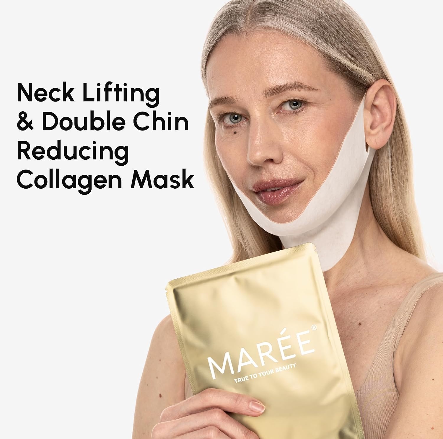 MAREE V Line Lifting Mask with PDRN Salmon DNA – Deep Collagen Face Mask for Women – Jawline Shaper Facial Masks with Retinol – Tightening & Firming Neck Lift Tape – Double Chin Strap for Face Lift(Gold)