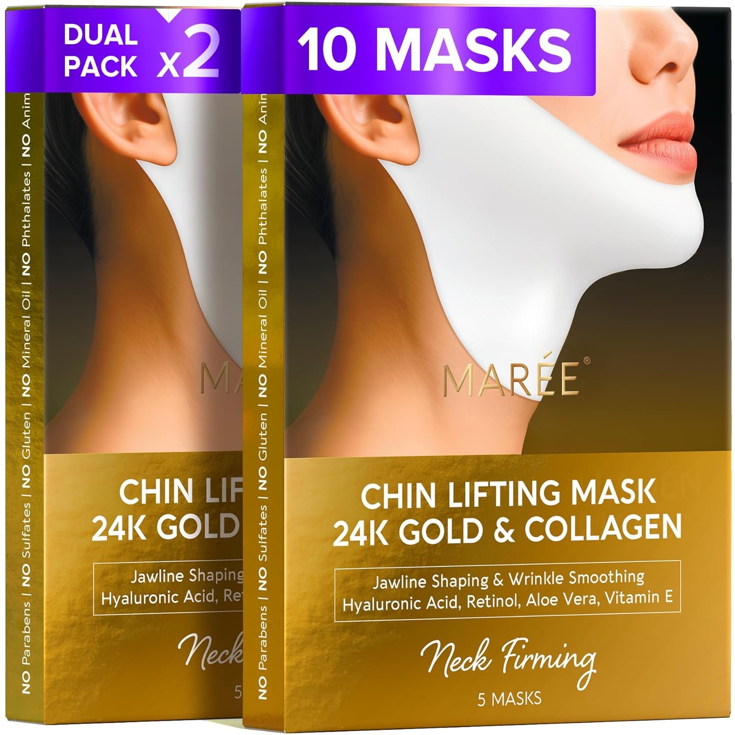 MAREE V Line Lifting Mask with PDRN Salmon DNA – Deep Collagen Face Mask for Women – Jawline Shaper Facial Masks with Retinol – Tightening & Firming Neck Lift Tape – Double Chin Strap for Face Lift(Gold)