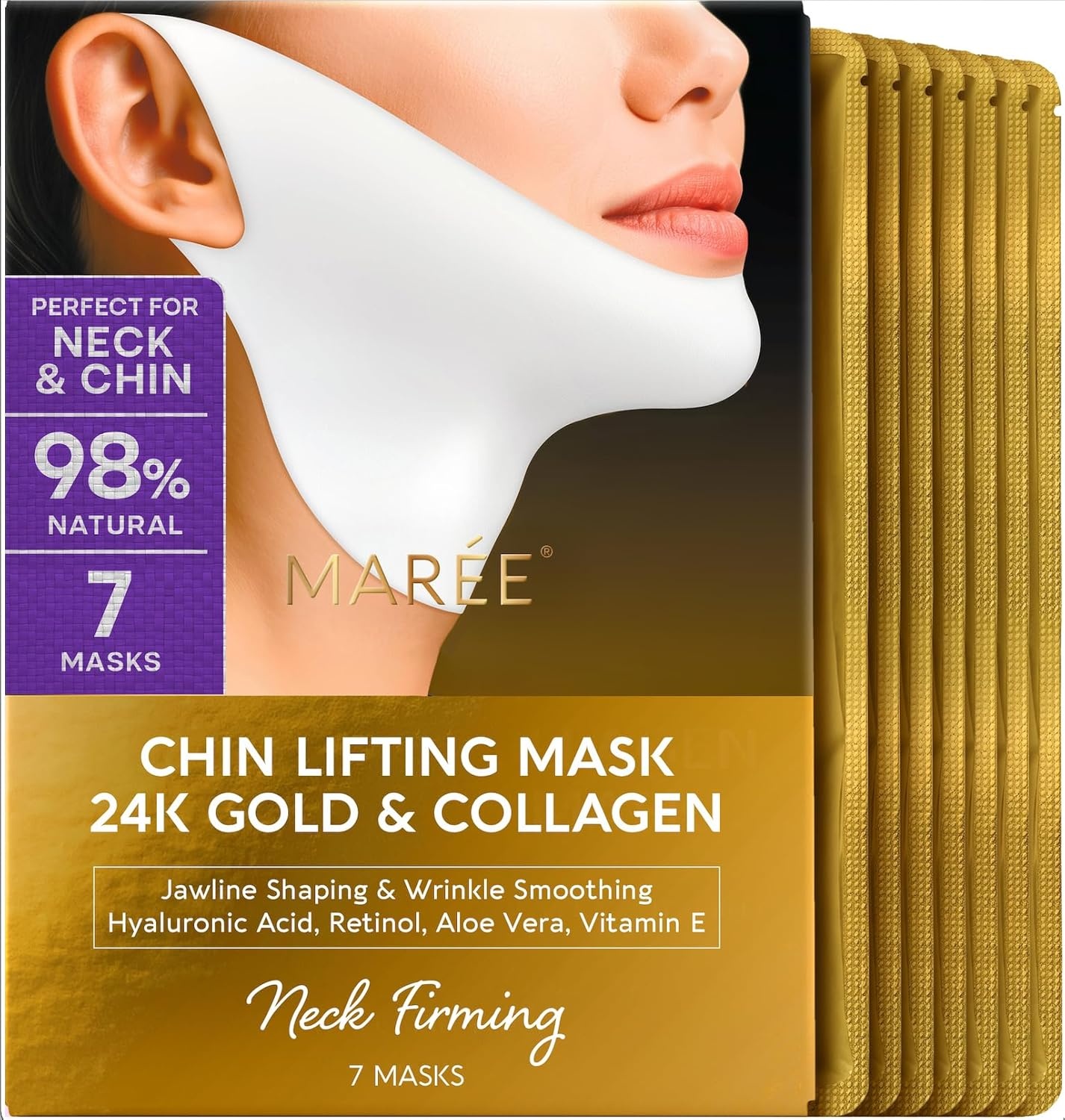 MAREE V Line Lifting Mask with PDRN Salmon DNA – Deep Collagen Face Mask for Women – Jawline Shaper Facial Masks with Retinol – Tightening & Firming Neck Lift Tape – Double Chin Strap for Face Lift(Gold)