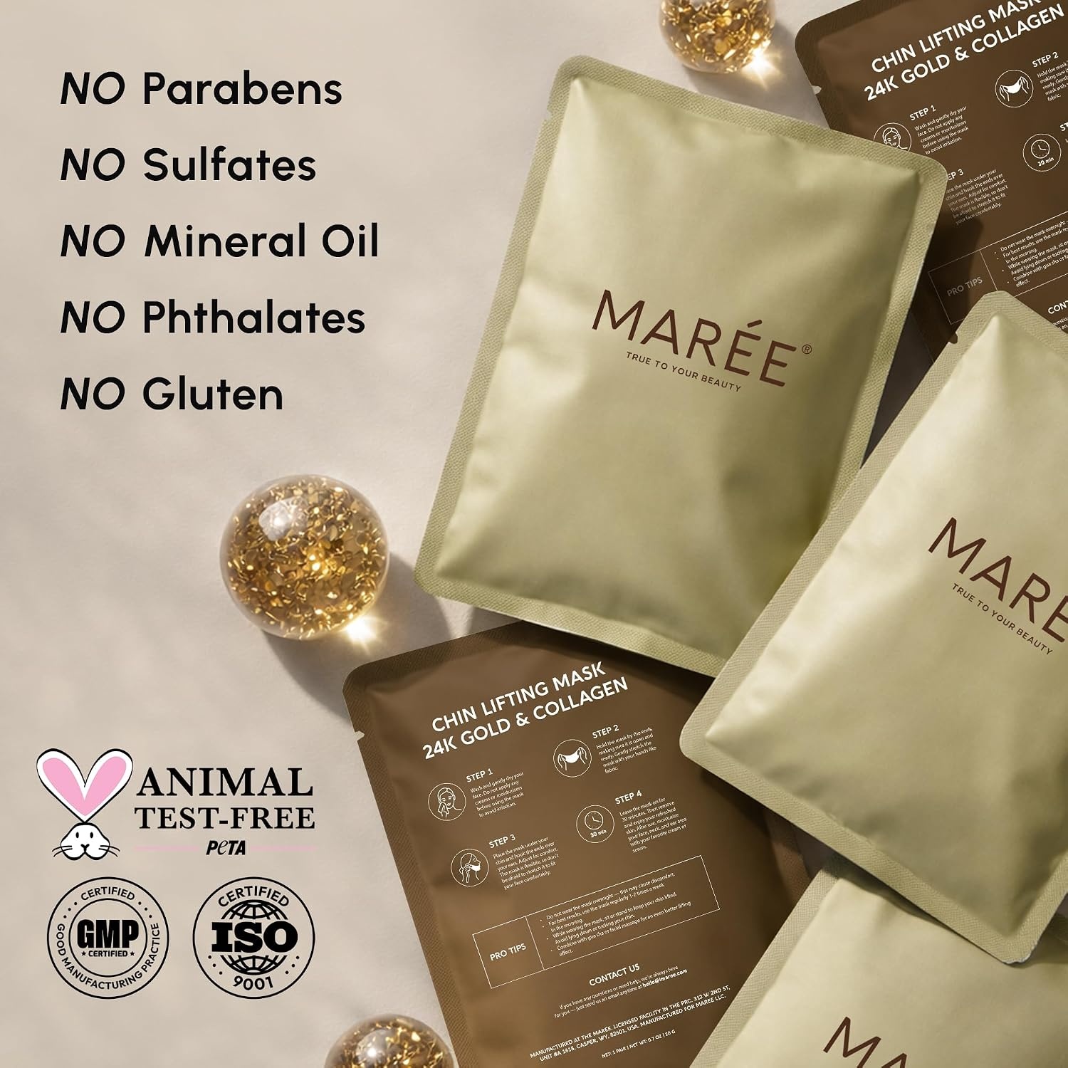 MAREE V Line Lifting Mask with PDRN Salmon DNA – Deep Collagen Face Mask for Women – Jawline Shaper Facial Masks with Retinol – Tightening & Firming Neck Lift Tape – Double Chin Strap for Face Lift(Gold)