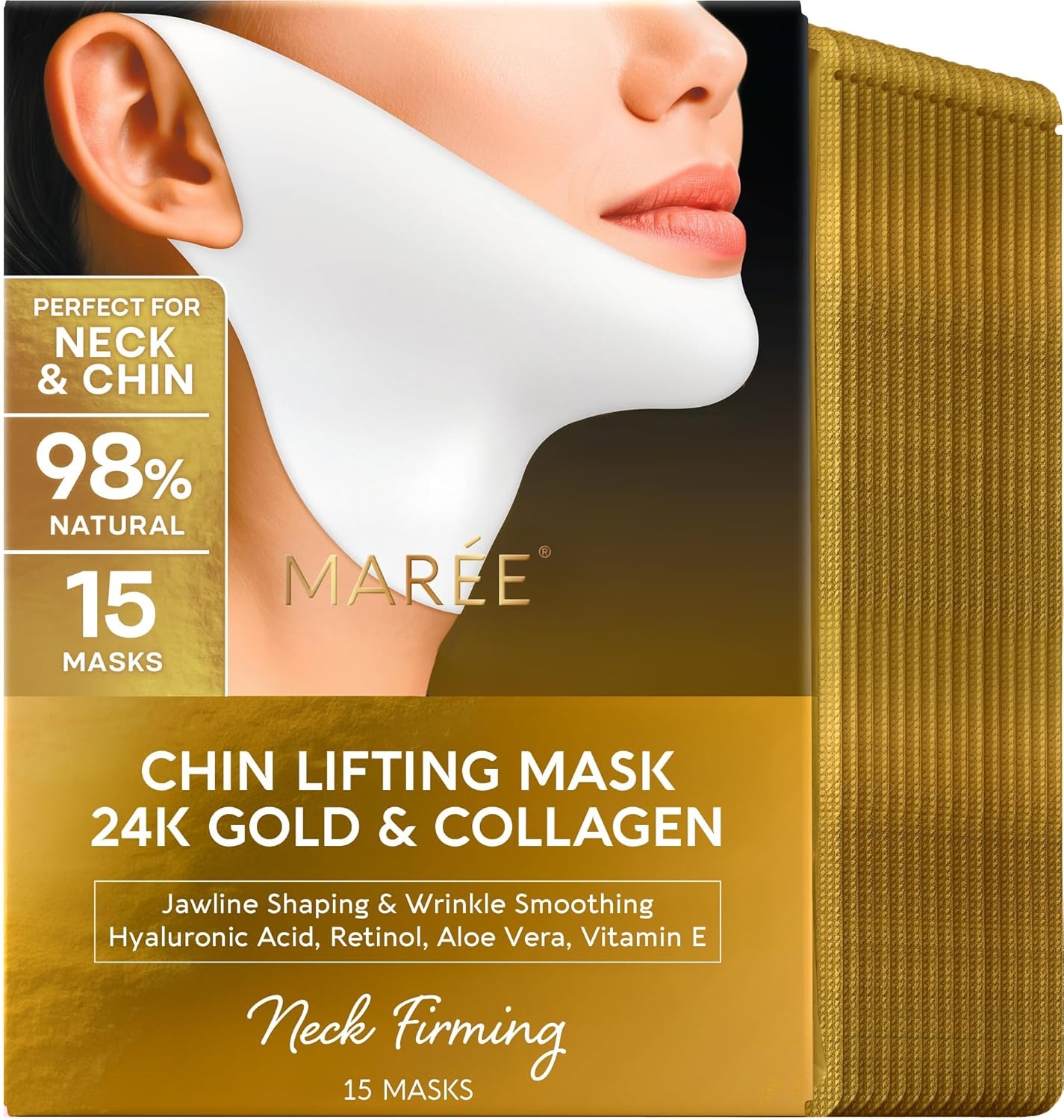 MAREE V Line Lifting Mask with PDRN Salmon DNA – Deep Collagen Face Mask for Women – Jawline Shaper Facial Masks with Retinol – Tightening & Firming Neck Lift Tape – Double Chin Strap for Face Lift(Gold)