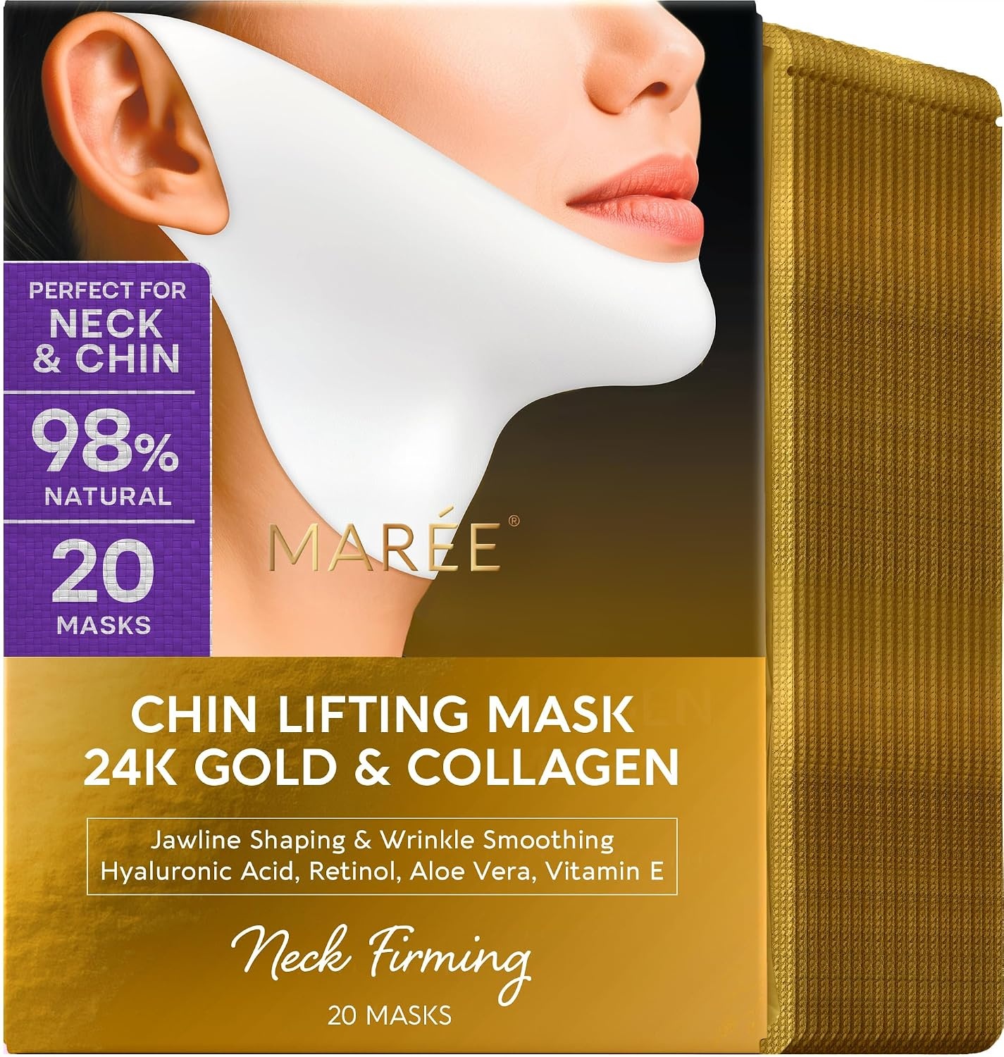 MAREE V Line Lifting Mask with PDRN Salmon DNA – Deep Collagen Face Mask for Women – Jawline Shaper Facial Masks with Retinol – Tightening & Firming Neck Lift Tape – Double Chin Strap for Face Lift(Gold)
