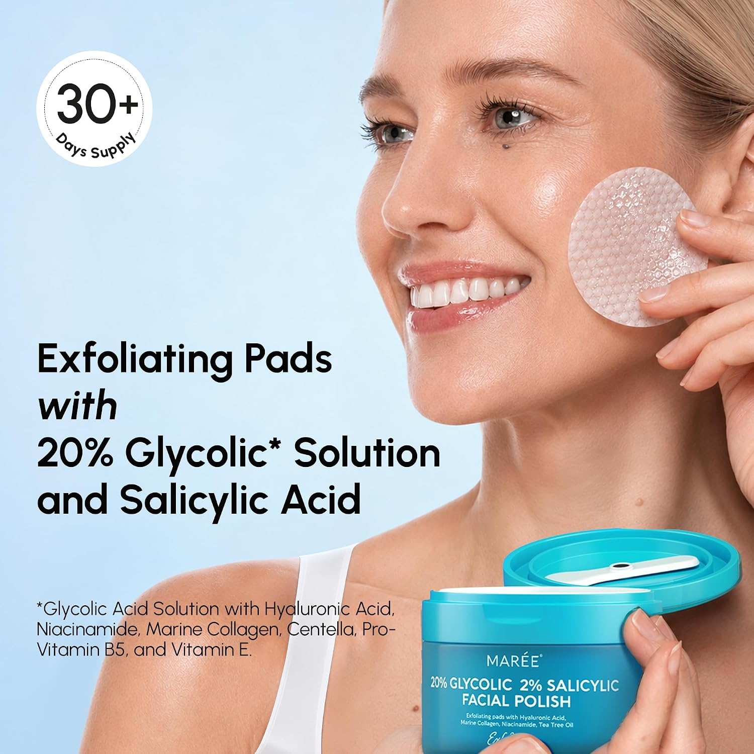 MAREE Self Tanning Facial Pads – Exfoliating Glow Pads & Tan Towels for Face & Body – Travel Size Self Tanner Wipes for Sunless Face Tanning – No Rinse Gradual Natural Fair to Medium Tan Towelettes(Azure)