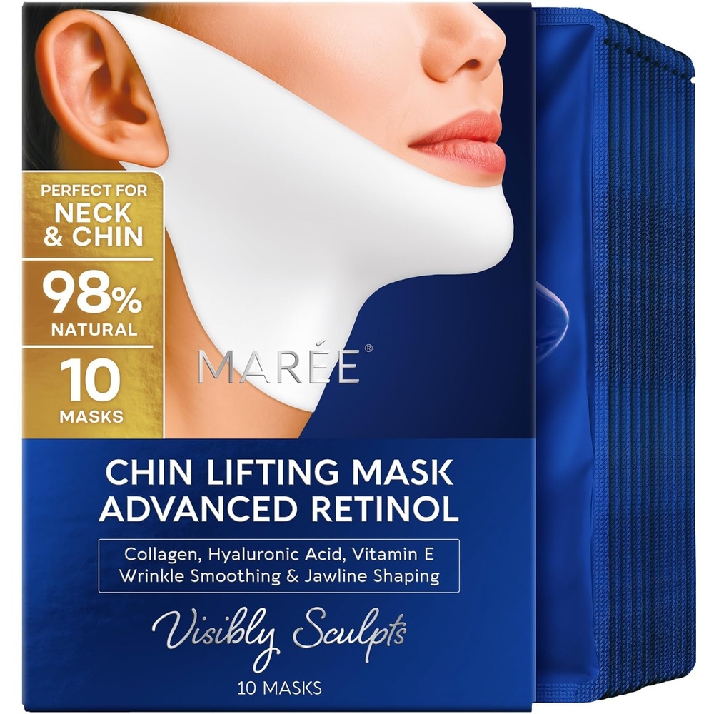 MAREE V Line Lifting Mask Chin Strap – Advanced Retinol Face Lifting Mask & Neck Lift Tape – Double Chin Reducer & Jawline Shaper – Retinol Collagen Facial Masks for Face Lift, Tightening and Firming(10 Count (Pack of 1))