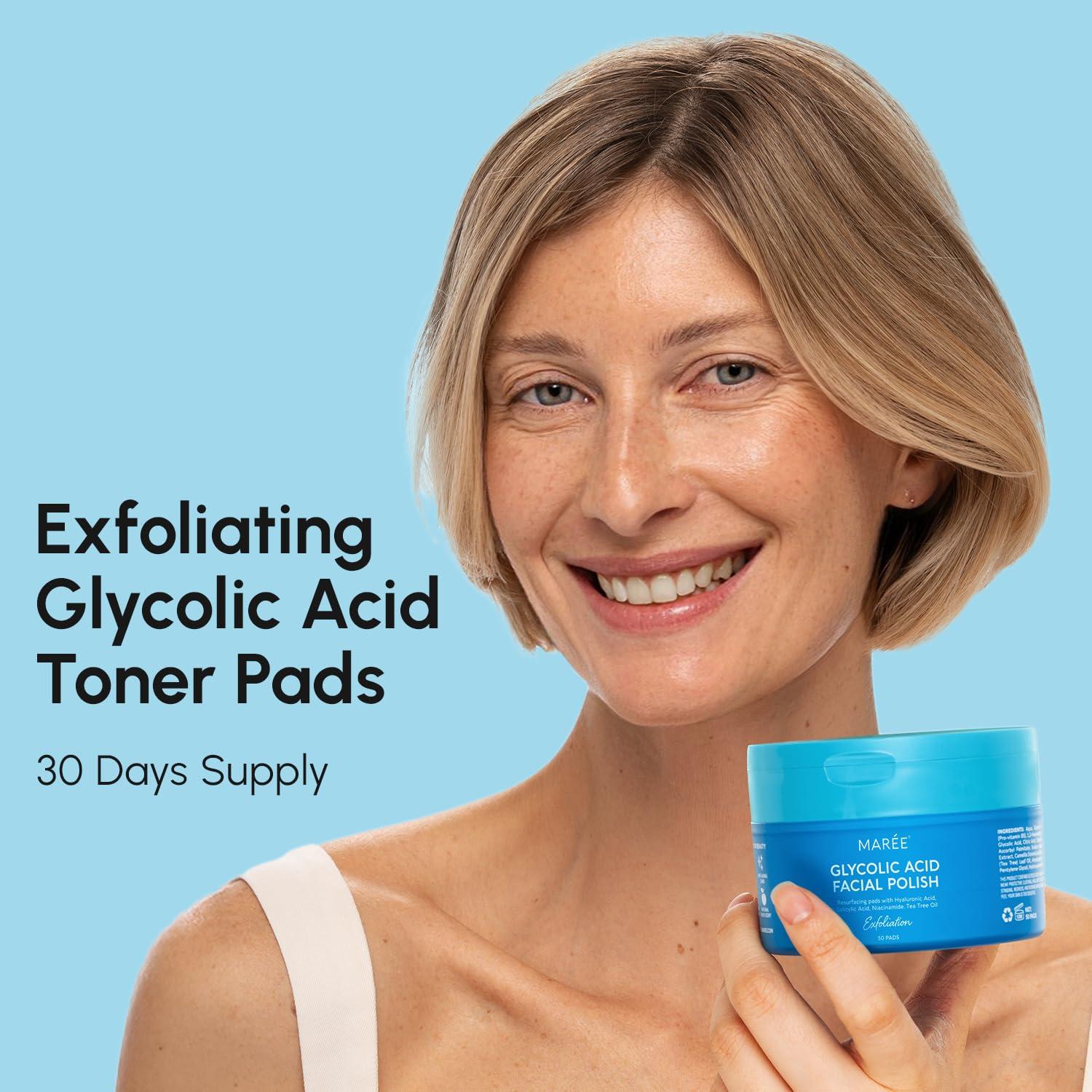 MAREE Glycolic Acid Pads – Toner Pads for Face Cleansing – Exfoliating Pad with Tea Tree Oil, Salicylic Acid & Vitamins E, B3, B5 – Acne Clearing, Skin Pore Resurfacing & Radiance Device – 80 Count(Glycolic Pads 2 Pack)