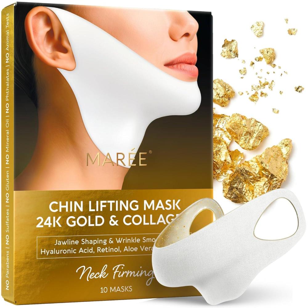 MAREE Chin Strap V Line Lifting Mask – 24K Gold Face & Neck Lift Tape Mask – Double Chin Strap for Sleeping – Neck Wrinkle Patches Reducer & Jawline Shaper for Firming, Tightening & Lifting – 10 PCS(10 Count (Pack of 1))