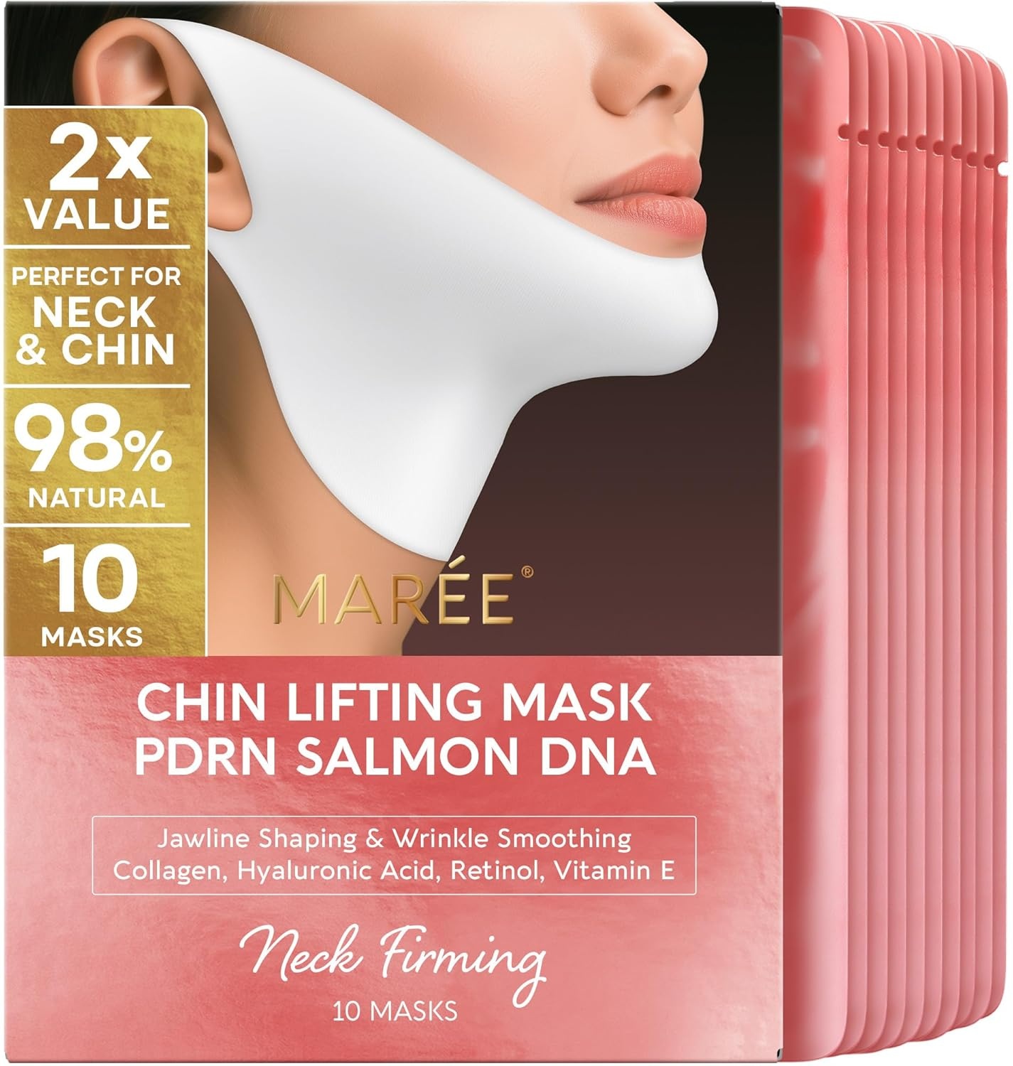 MAREE V Line Lifting Mask with PDRN Salmon DNA – Deep Collagen Face Mask for Women – Jawline Shaper Facial Masks with Retinol – Tightening & Firming Neck Lift Tape – Double Chin Strap for Face Lift(Salmon)