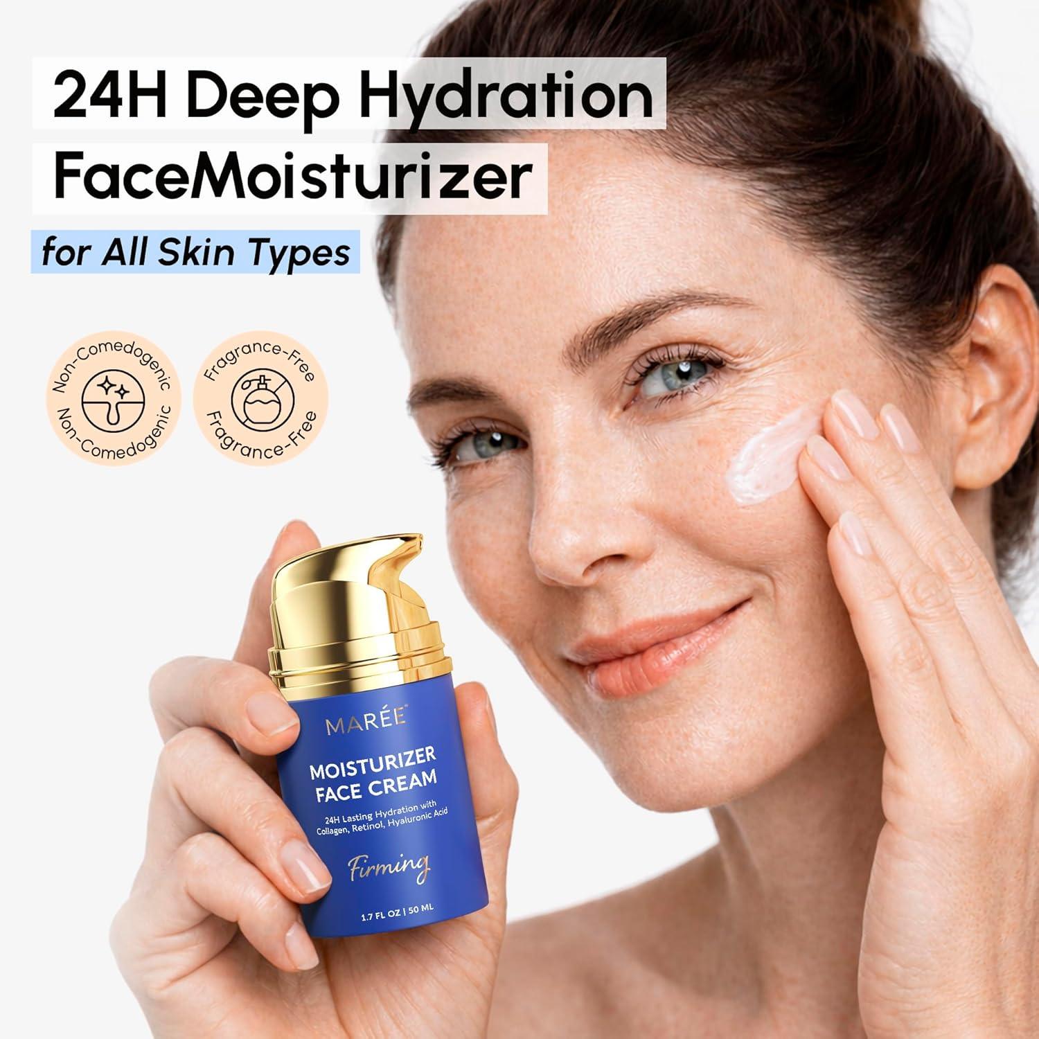 MAREE Face Moisturizer – Retinol Face Cream for Women Moisturizing with Collagen & Hyaluronic Acid – Day & Night Anti-Aging Facial Wrinkle DD Cream Moisturizer for Dry Skin – Crema Para la Cara(24H Hydration)