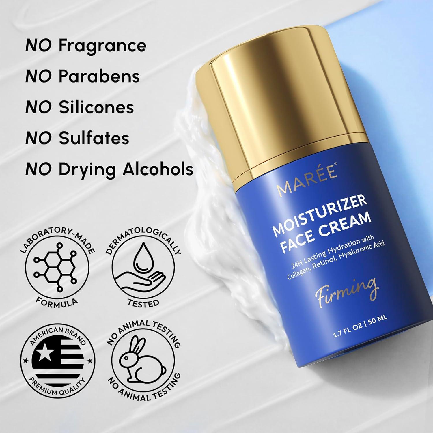MAREE Face Moisturizer – Retinol Face Cream for Women Moisturizing with Collagen & Hyaluronic Acid – Day & Night Anti-Aging Facial Wrinkle DD Cream Moisturizer for Dry Skin – Crema Para la Cara(24H Hydration)