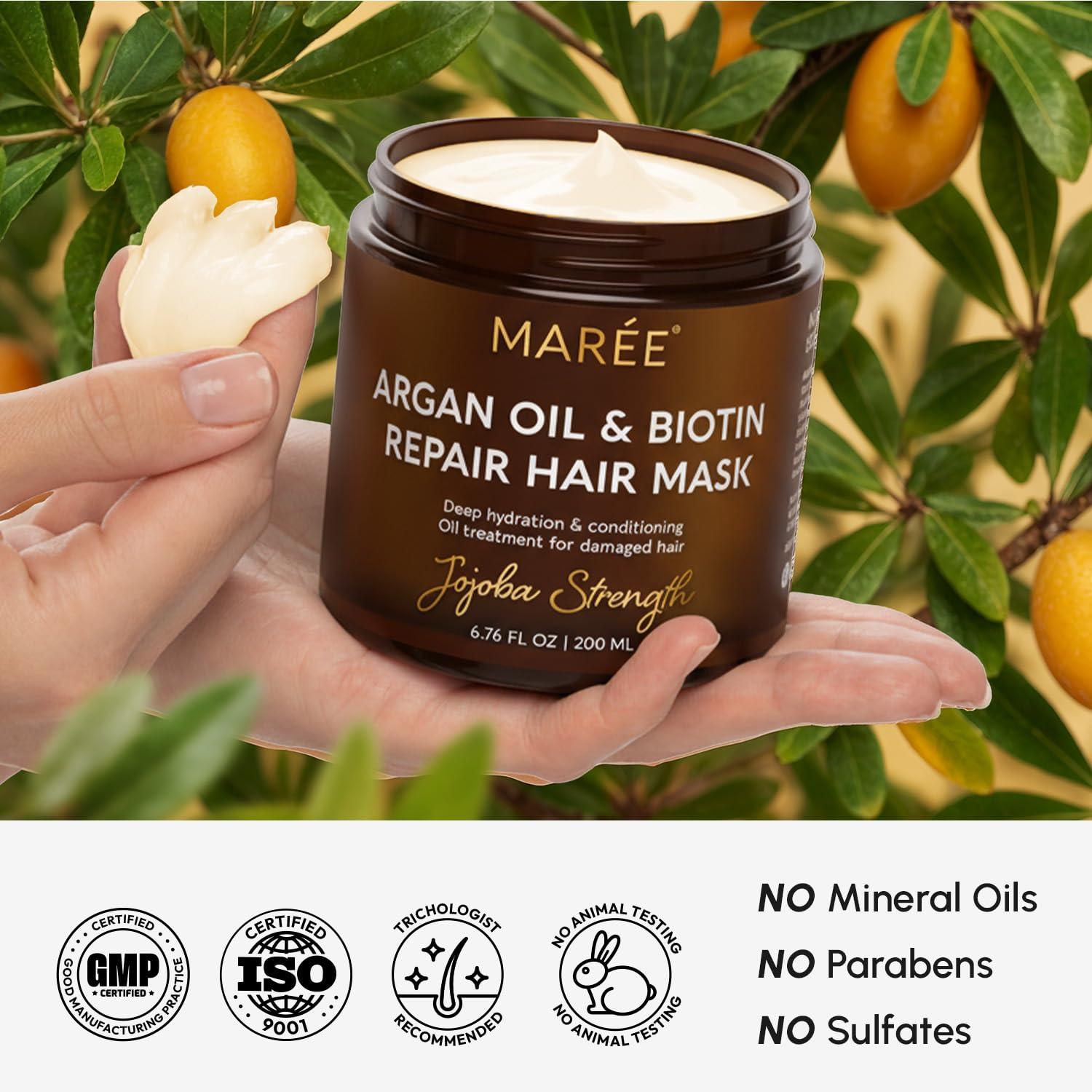 MAREE Curl Repair Hair Mask – Deep Conditioning Care for Damaged, Dry Curly Hair Products for Women & Men – Curl Moisturizer & Conditioner – Tratamiento Mascarilla para el Cabello Seco y Maltratado(Argan Oil & Biotin)