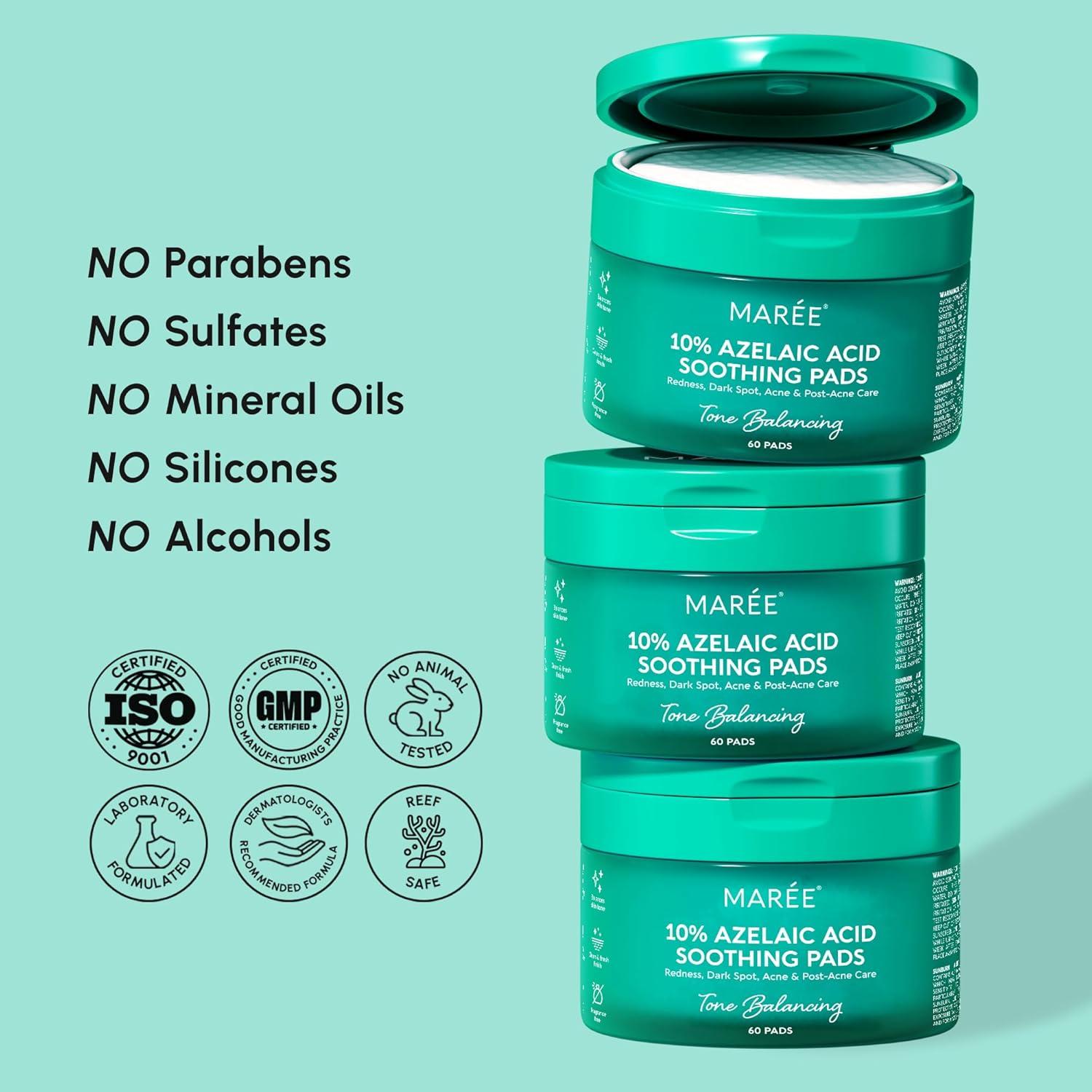 MAREE Glycolic Acid Pads – Toner Pads for Face Cleansing – Exfoliating Pad with Tea Tree Oil, Salicylic Acid & Vitamins E, B3, B5 – Acne Clearing, Skin Pore Resurfacing & Radiance Device – 80 Count(Azelaic Pads)