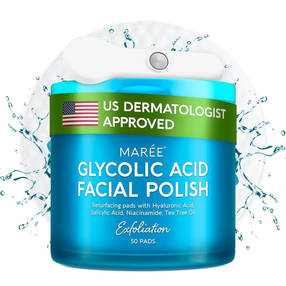 MAREE Glycolic Acid Pads – Toner Pads for Face Cleansing – Exfoliating Pad with Tea Tree Oil, Salicylic Acid & Vitamins E, B3, B5 – Acne Clearing, Skin Pore Resurfacing & Radiance Device – 50 Count(Glycolic Pads)
