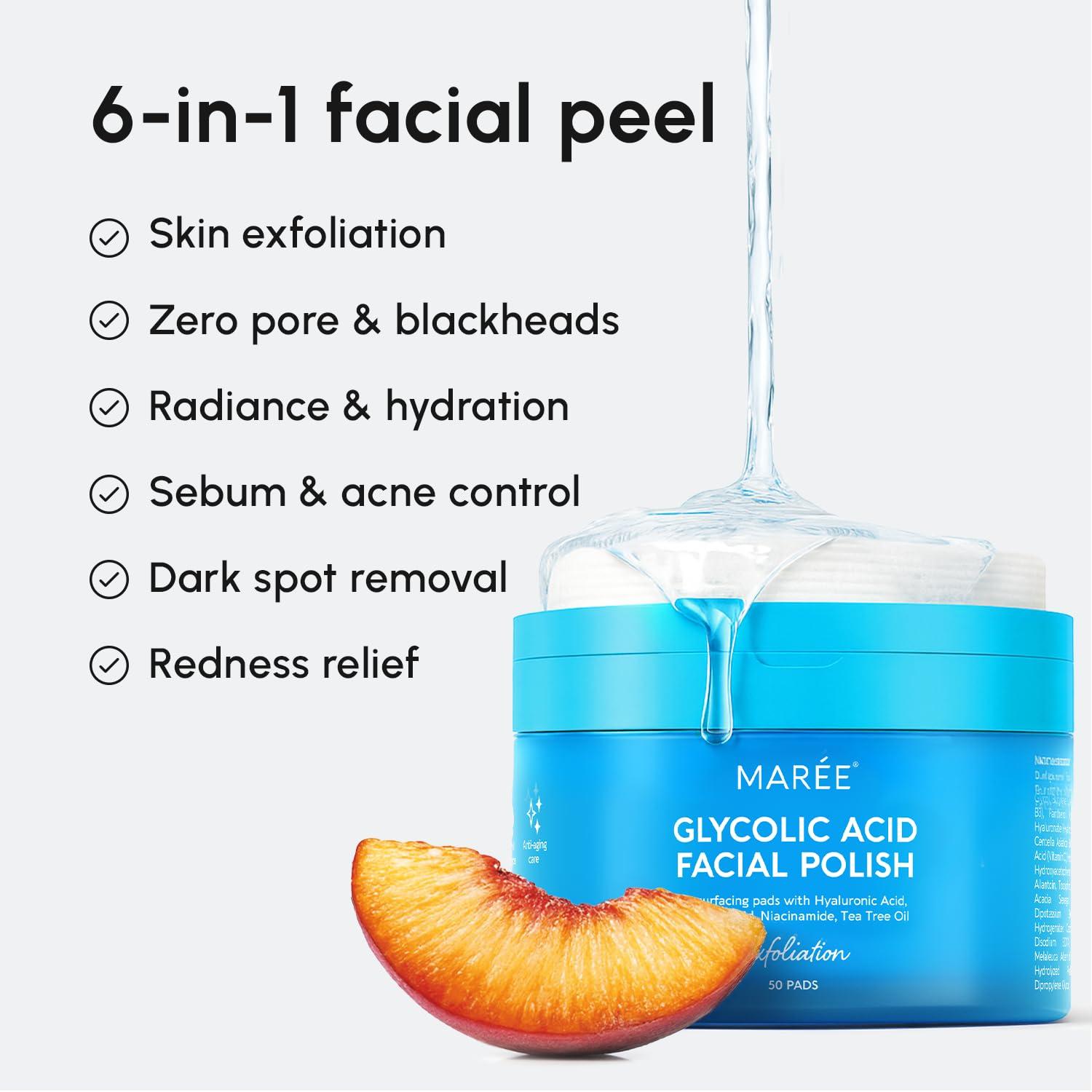 MAREE Glycolic Acid Pads – Toner Pads for Face Cleansing – Exfoliating Pad with Tea Tree Oil, Salicylic Acid & Vitamins E, B3, B5 – Acne Clearing, Skin Pore Resurfacing & Radiance Device – 50 Count(Glycolic Pads)