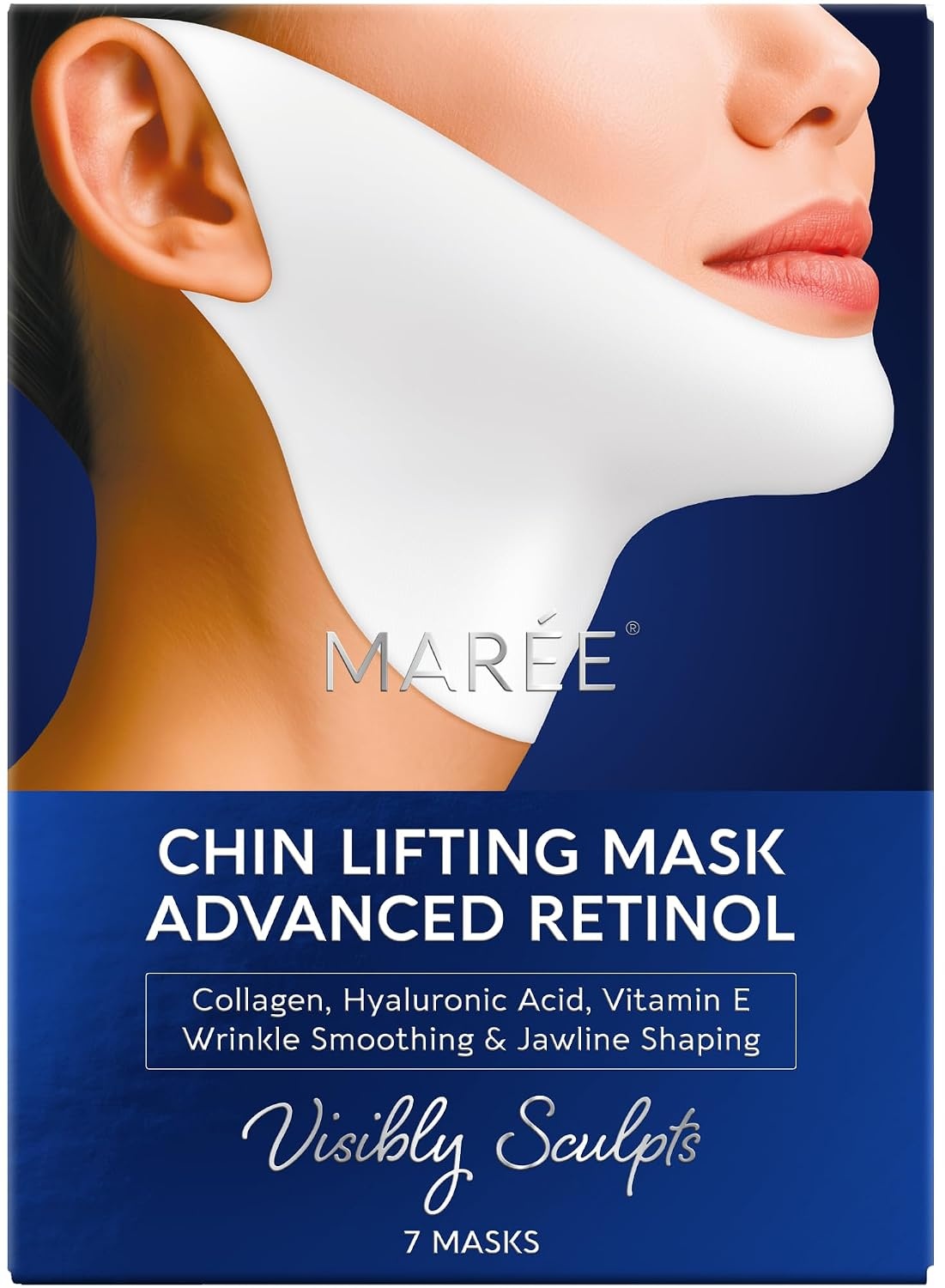 MAREE V Line Lifting Mask with PDRN Salmon DNA – Deep Collagen Face Mask for Women – Jawline Shaper Facial Masks with Retinol – Tightening & Firming Neck Lift Tape – Double Chin Strap for Face Lift(Navy Blue)