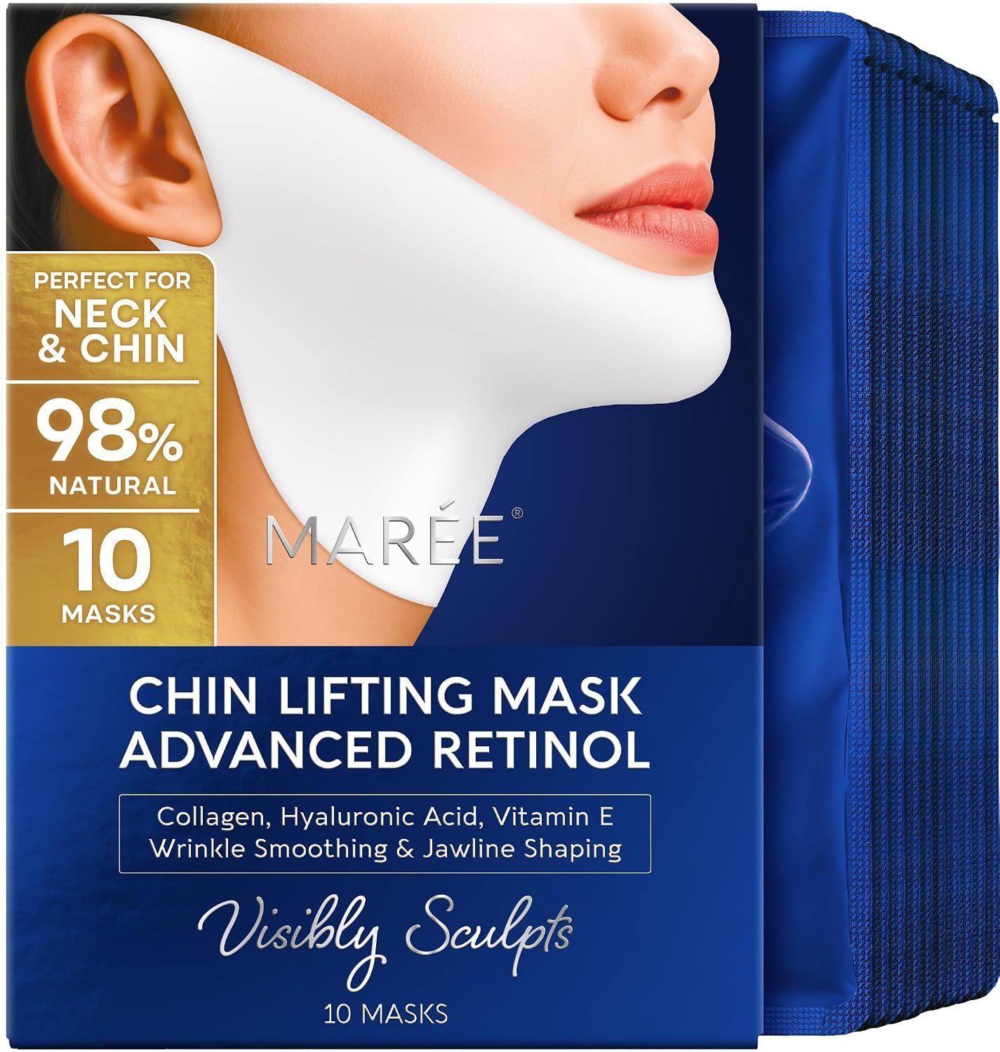 MAREE V Line Lifting Mask with PDRN Salmon DNA – Deep Collagen Face Mask for Women – Jawline Shaper Facial Masks with Retinol – Tightening & Firming Neck Lift Tape – Double Chin Strap for Face Lift(Navy Blue)