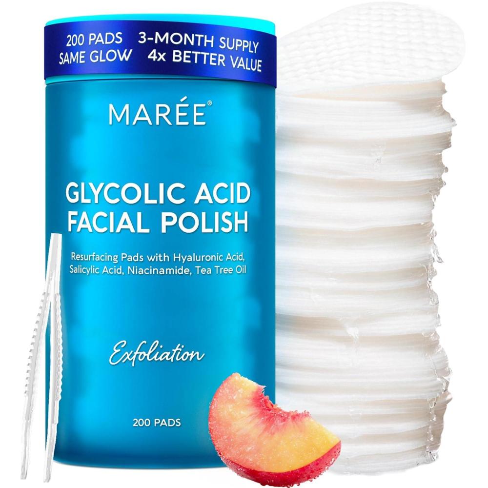 MAREE Glycolic Acid Pads – Toner Pads for Face Cleansing – Exfoliating Pad with Tea Tree Oil, Salicylic Acid & Vitamins E, B3, B5 – Acne Clearing, Skin Pore Resurfacing & Radiance Device – 50 Count(Glycolic Pads 200 Pcs)