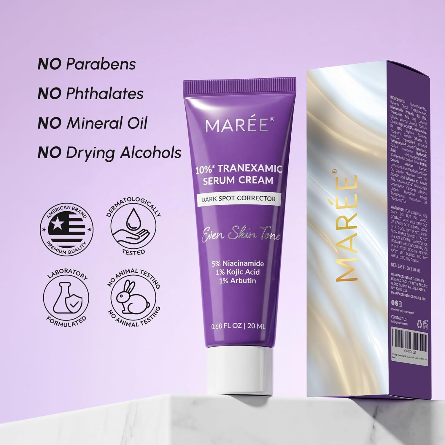 MAREE 10% Tranexamic Serum Cream – Alpha Arbutin Cream with Tranexamic Acid, Niacinamide – Dark Spot Corrector with Alfa Arbutin – Acido Tranexamico Crema para Manchas Oscuras en la Cara(Violet)