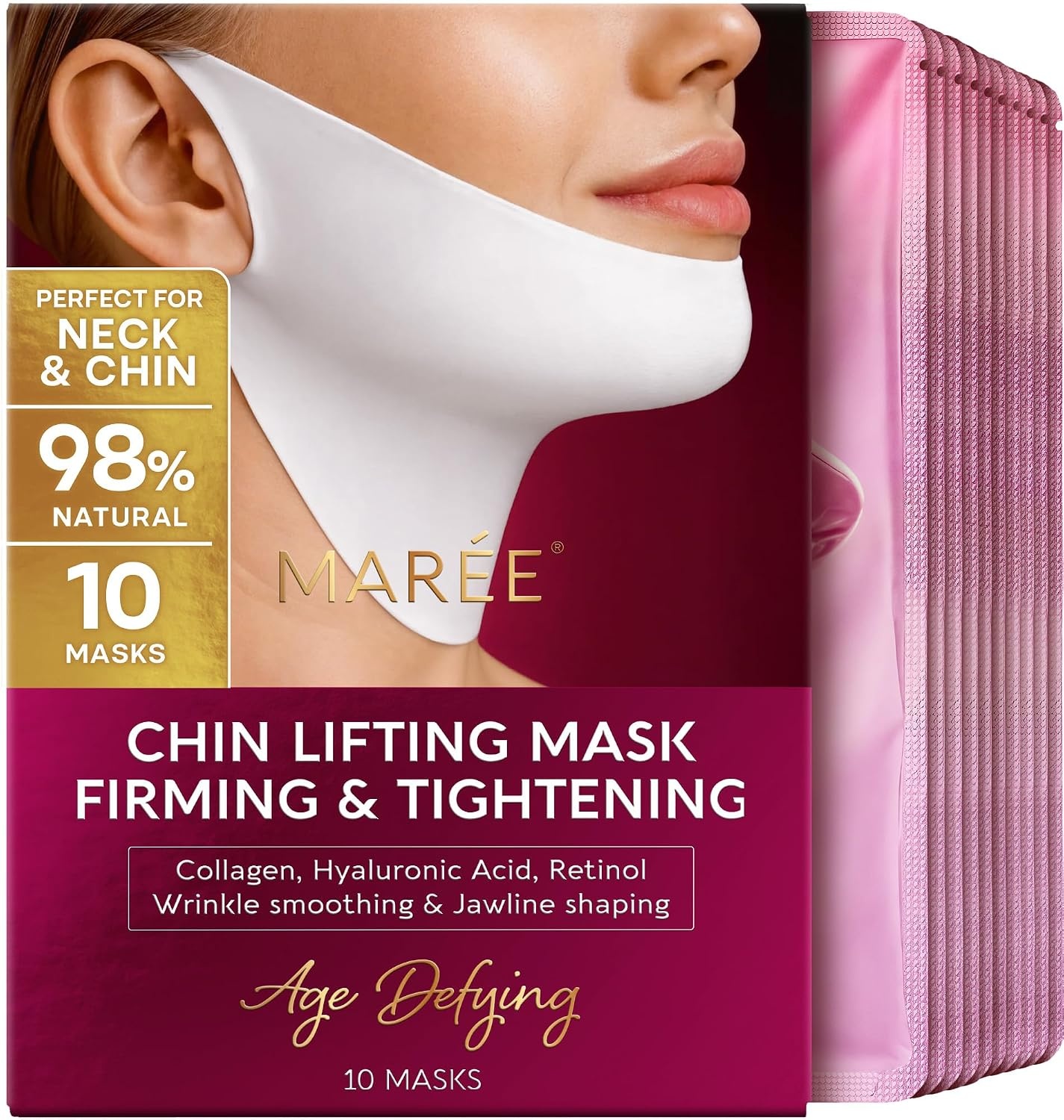 MAREE V Line Lifting Mask with PDRN Salmon DNA – Deep Collagen Face Mask for Women – Jawline Shaper Facial Masks with Retinol – Tightening & Firming Neck Lift Tape – Double Chin Strap for Face Lift(Burgundy)