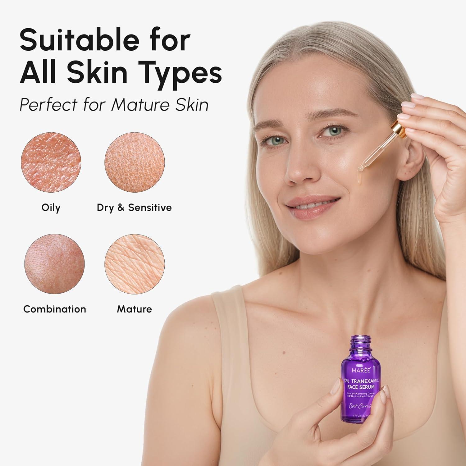 MAREE 20% Tranexamic Acid Serum Complex with Niacinamide & Vitamin C – Serum for Face & Body Dark Spot Corrector – Age Spots Hyperpigmentation Care Remover – Brightening Acido Tranexamico para Manchas(Tranexamic Acid Face Serum)