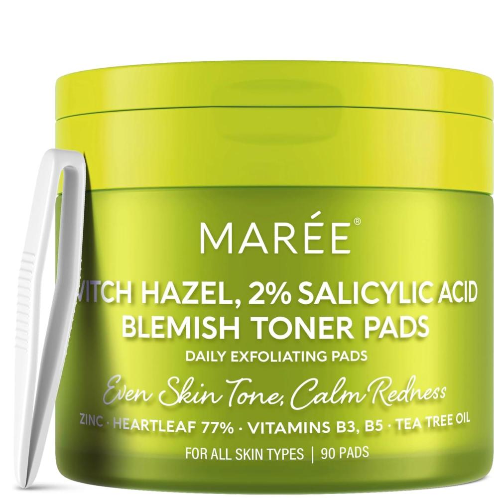 MAREE Glycolic Acid Pads – Toner Pads for Face Cleansing – Exfoliating Pad with Tea Tree Oil, Salicylic Acid & Vitamins E, B3, B5 – Acne Clearing, Skin Pore Resurfacing & Radiance Device – 80 Count(Blemish Toner Pads)