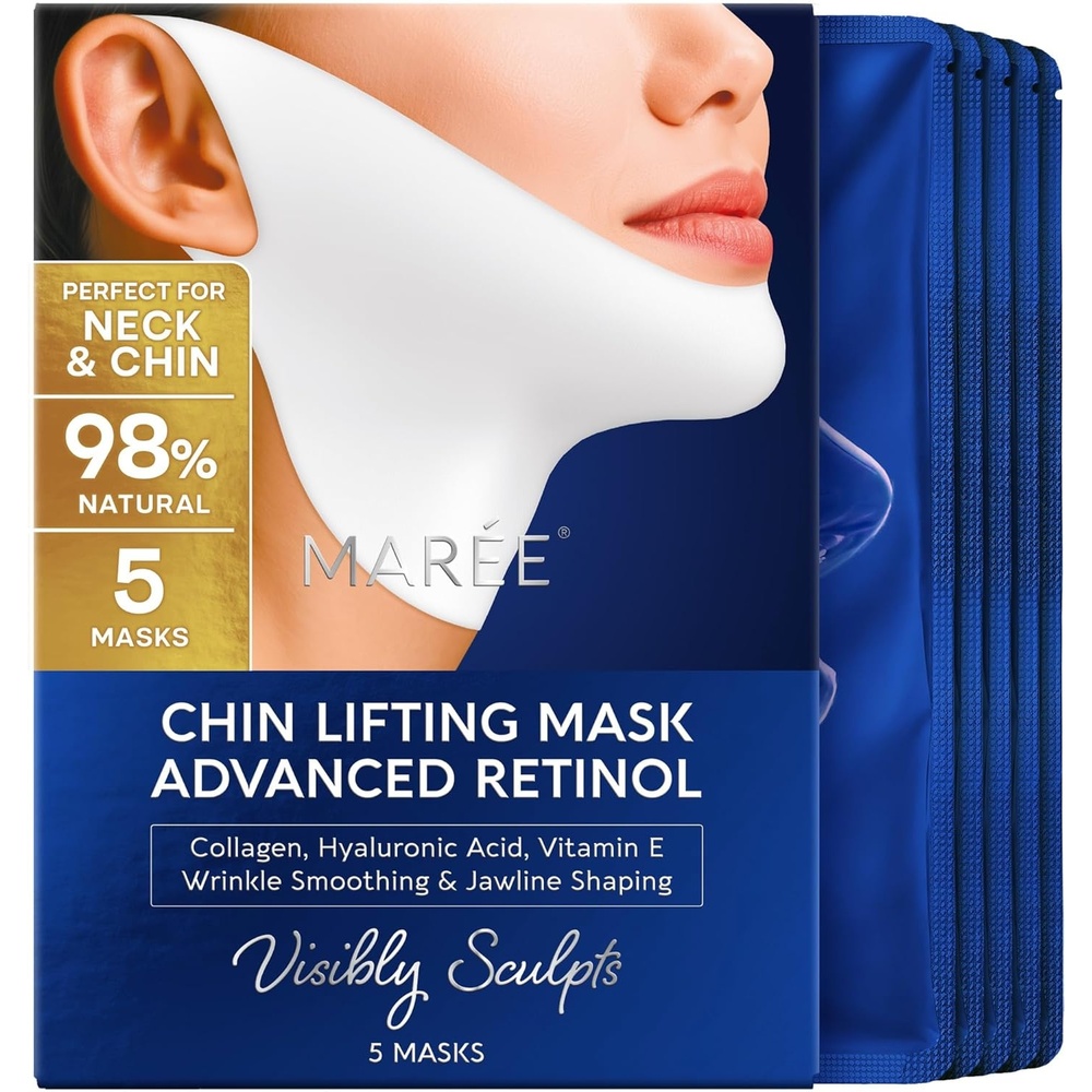 MAREE V Line Lifting Mask Chin Strap – Advanced Retinol Face Lifting Mask & Neck Lift Tape – Double Chin Reducer & Jawline Shaper – Retinol Collagen Facial Masks for Face Lift, Tightening and Firming(5 Count (Pack of 1))