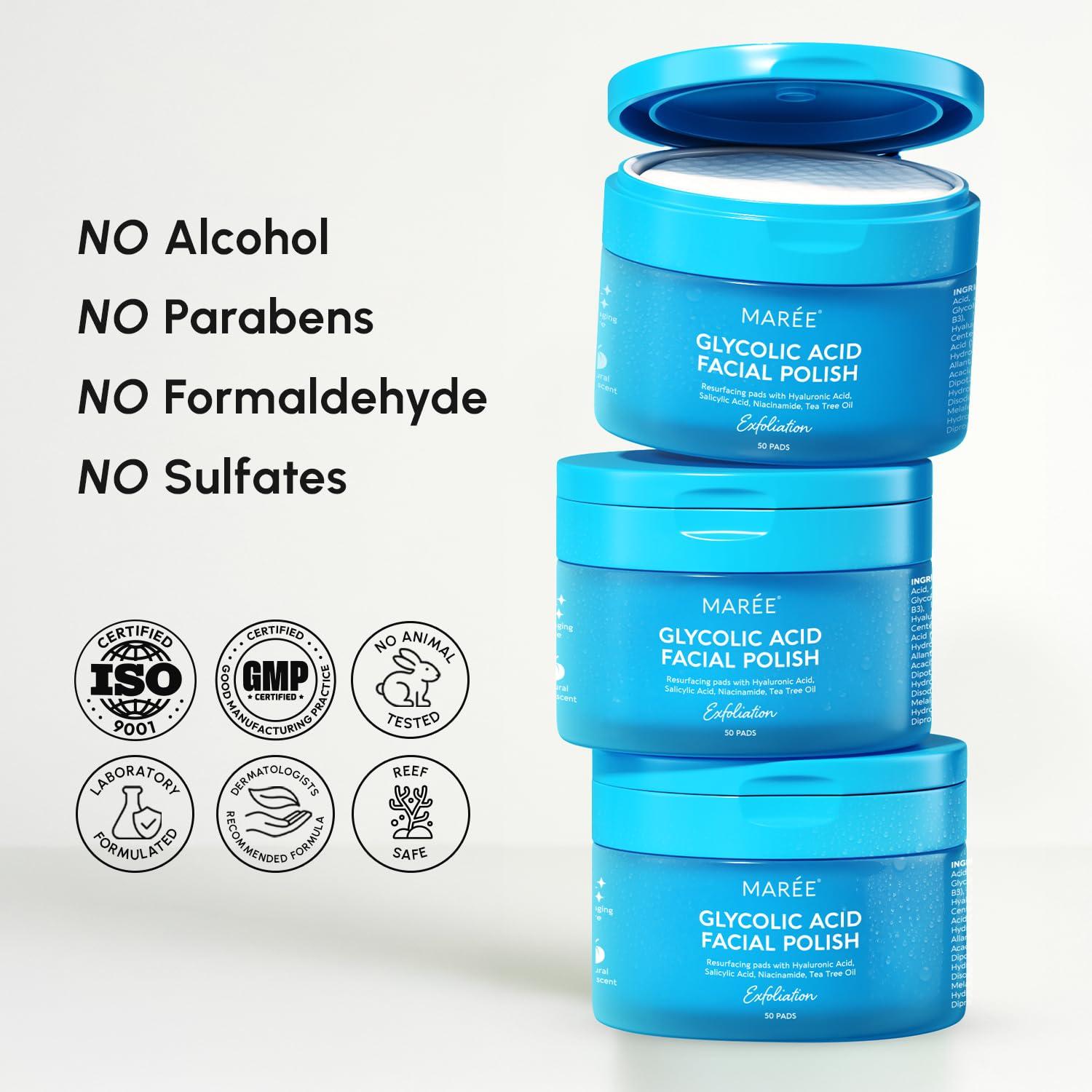 MAREE Glycolic Acid Pads – Toner Pads for Face Cleansing – Exfoliating Pad with Tea Tree Oil, Salicylic Acid & Vitamins E, B3, B5 – Acne Clearing, Skin Pore Resurfacing & Radiance Device – 50 Count(Glycolic Pads 2 Pack)