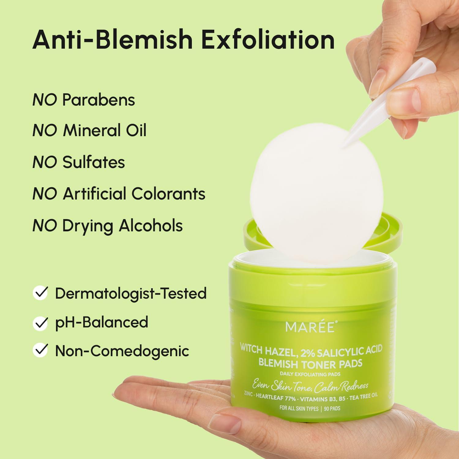 MAREE Glycolic Acid Pads – Toner Pads for Face Cleansing – Exfoliating Pad with Tea Tree Oil, Salicylic Acid & Vitamins E, B3, B5 – Acne Clearing, Skin Pore Resurfacing & Radiance Device – 50 Count(Blemish Toner Pads)