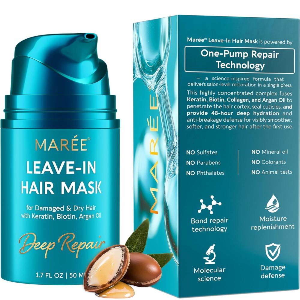 MAREE Deep Conditioning Leave-In Hair Mask for Damaged Hair – Keratin Hair Treatment with Biotin, Natural Oils & Vitamins – Leave-In Conditioner for Repair and Hydration – Mascarilla Para Cabello(Leave-In Hair Mask)