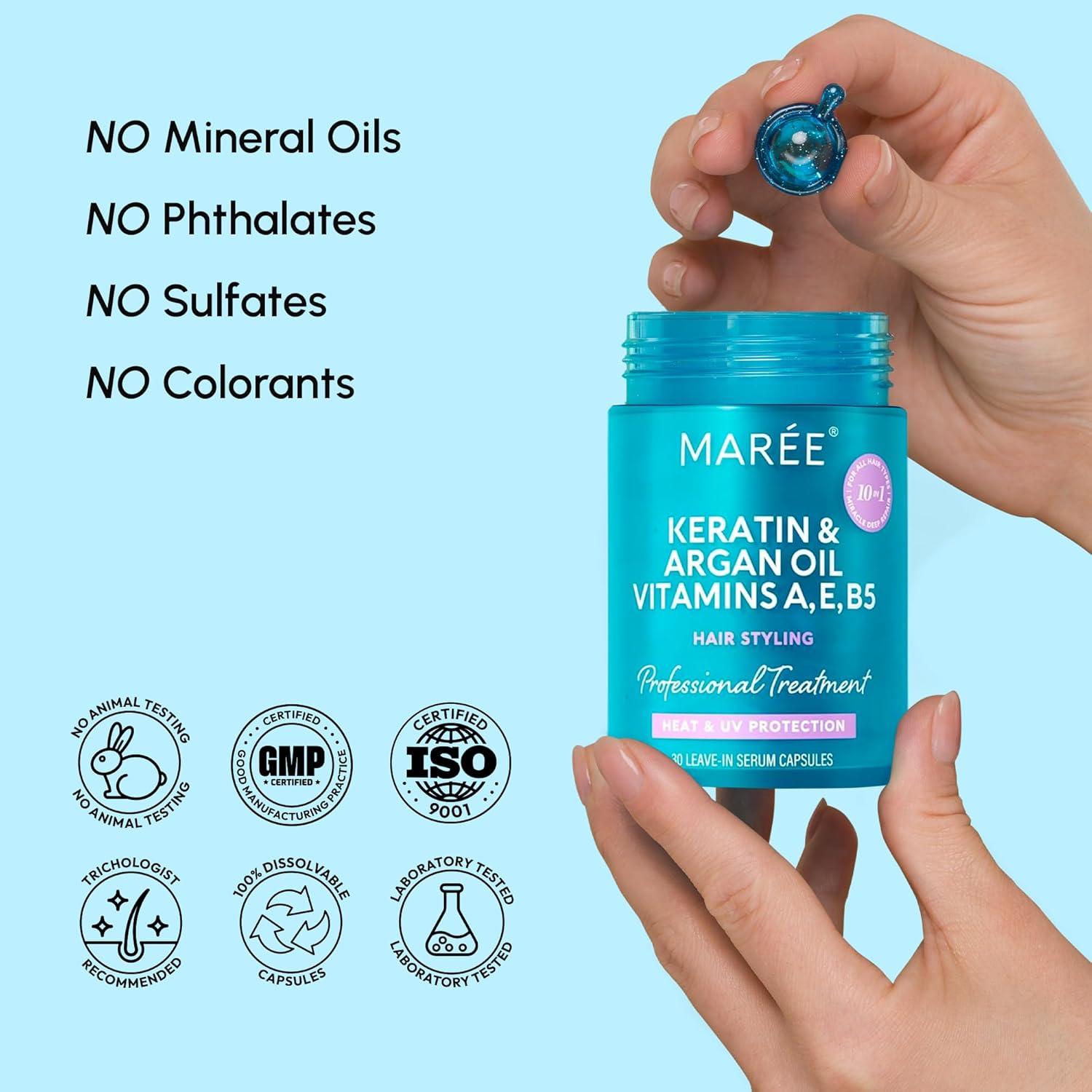 MAREE Hair Serum for Dry and Curly Hair Gloss – Hair Oil for Frizzy Hair with Argan Oil, Keratin & Biotin – Frizz Control Hair Care Products for Women – Aceite Para el Cabello – Keratin Hair Treatment(Hair Oil Capsules)