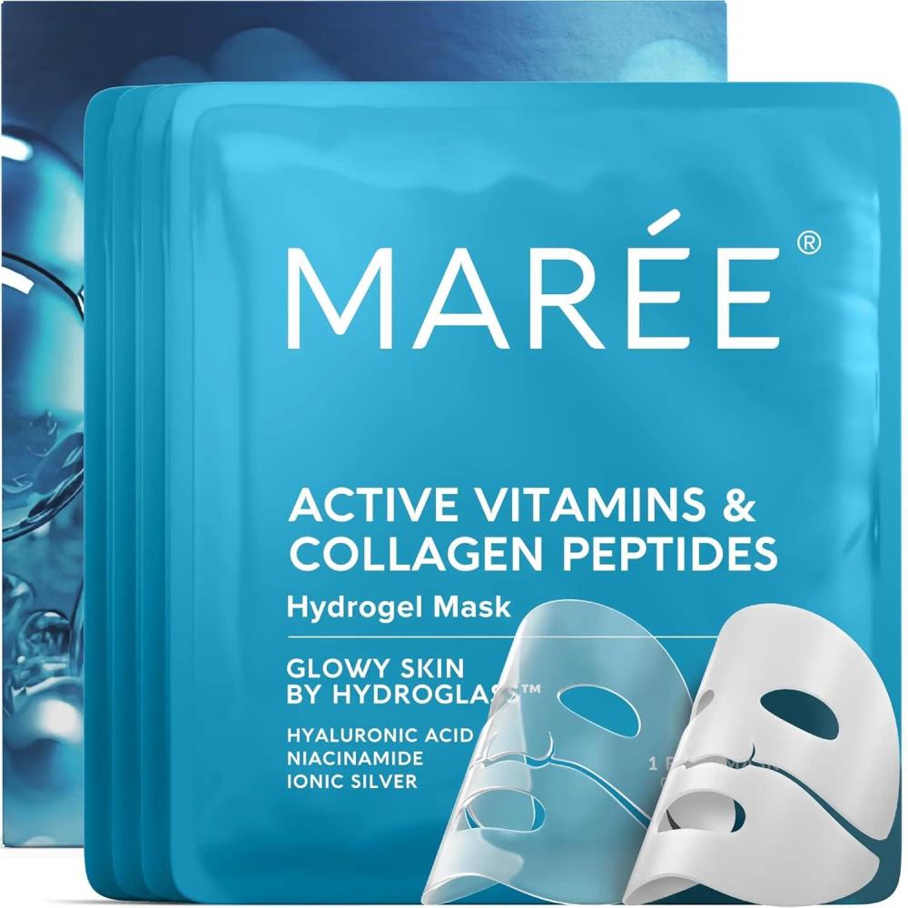 MAREE Collagen Facial Mask with Hyaluronic Acid — Sheet Face Mask Skincare — Centella Asiatica, Green & Red Algae Extract — Hydrating Facemask For Women Skin Care — Mascarillas Para La Cara — 6 Count(White)