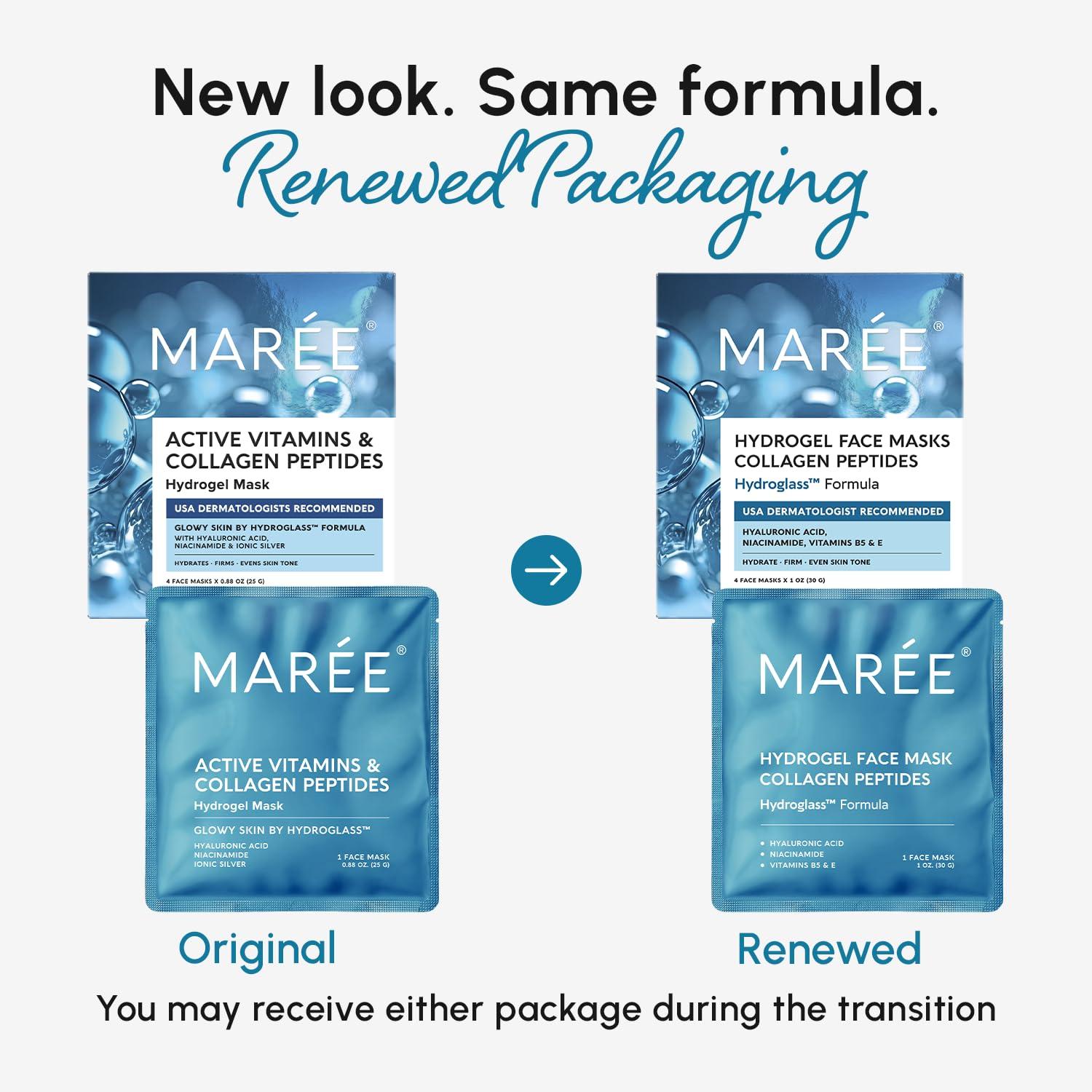 MAREE Collagen Facial Mask with Hyaluronic Acid — Sheet Face Mask Skincare — Centella Asiatica, Green & Red Algae Extract — Hydrating Facemask For Women Skin Care — Mascarillas Para La Cara — 6 Count(White)