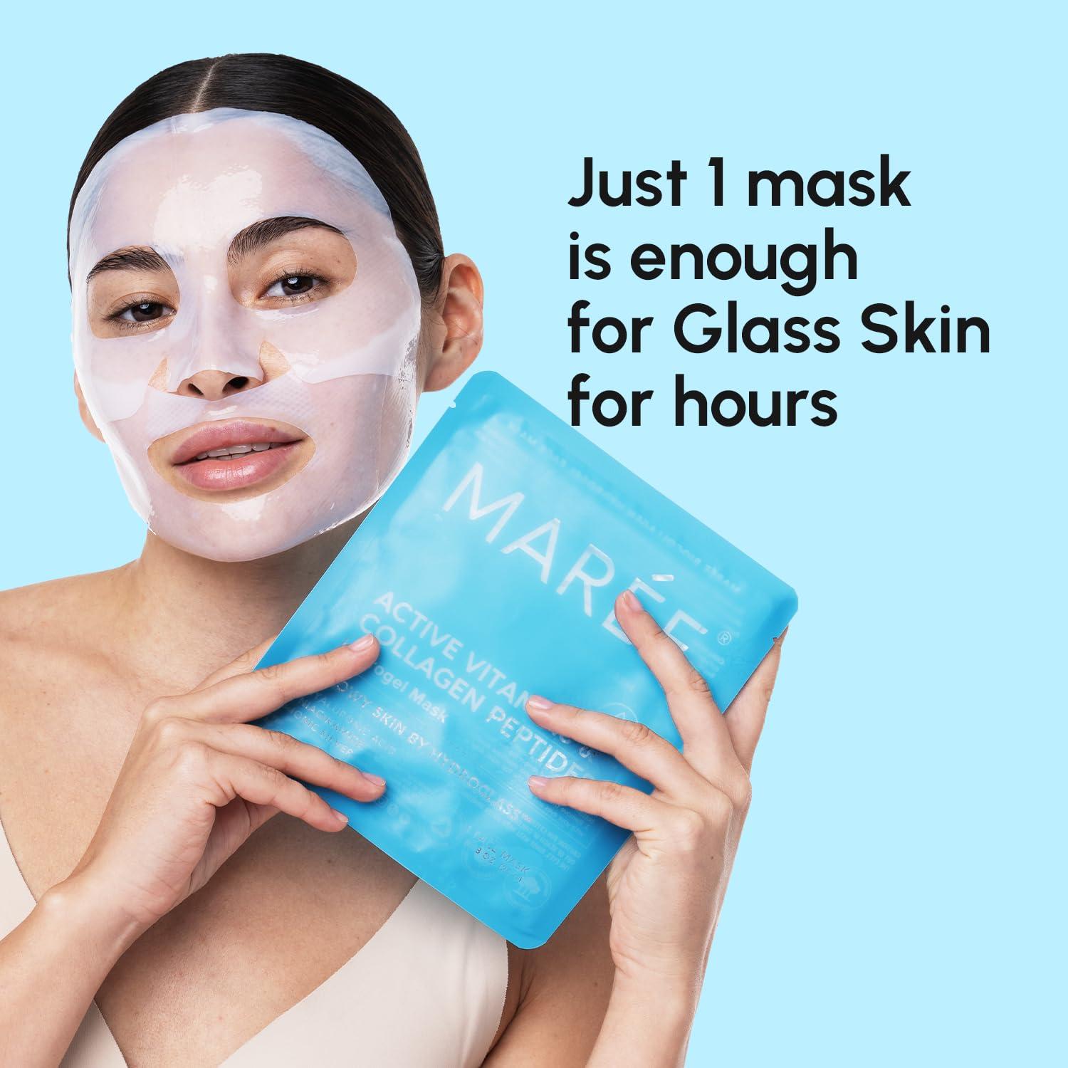 MAREE Collagen Facial Mask with Hyaluronic Acid — Sheet Face Mask Skincare — Centella Asiatica, Green & Red Algae Extract — Hydrating Facemask For Women Skin Care — Mascarillas Para La Cara — 6 Count(White)