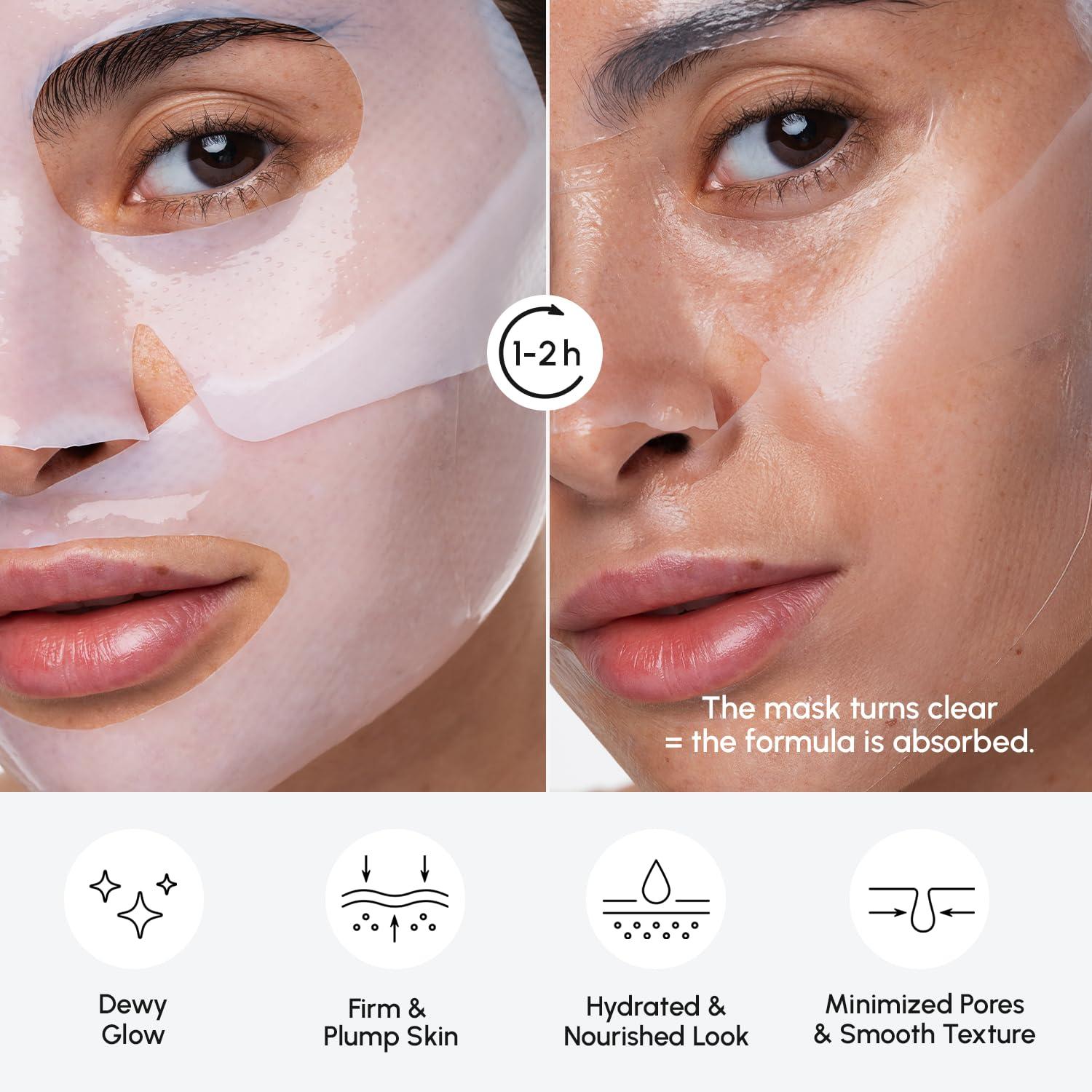 MAREE Collagen Facial Mask with Hyaluronic Acid — Sheet Face Mask Skincare — Centella Asiatica, Green & Red Algae Extract — Hydrating Facemask For Women Skin Care — Mascarillas Para La Cara — 6 Count(White)