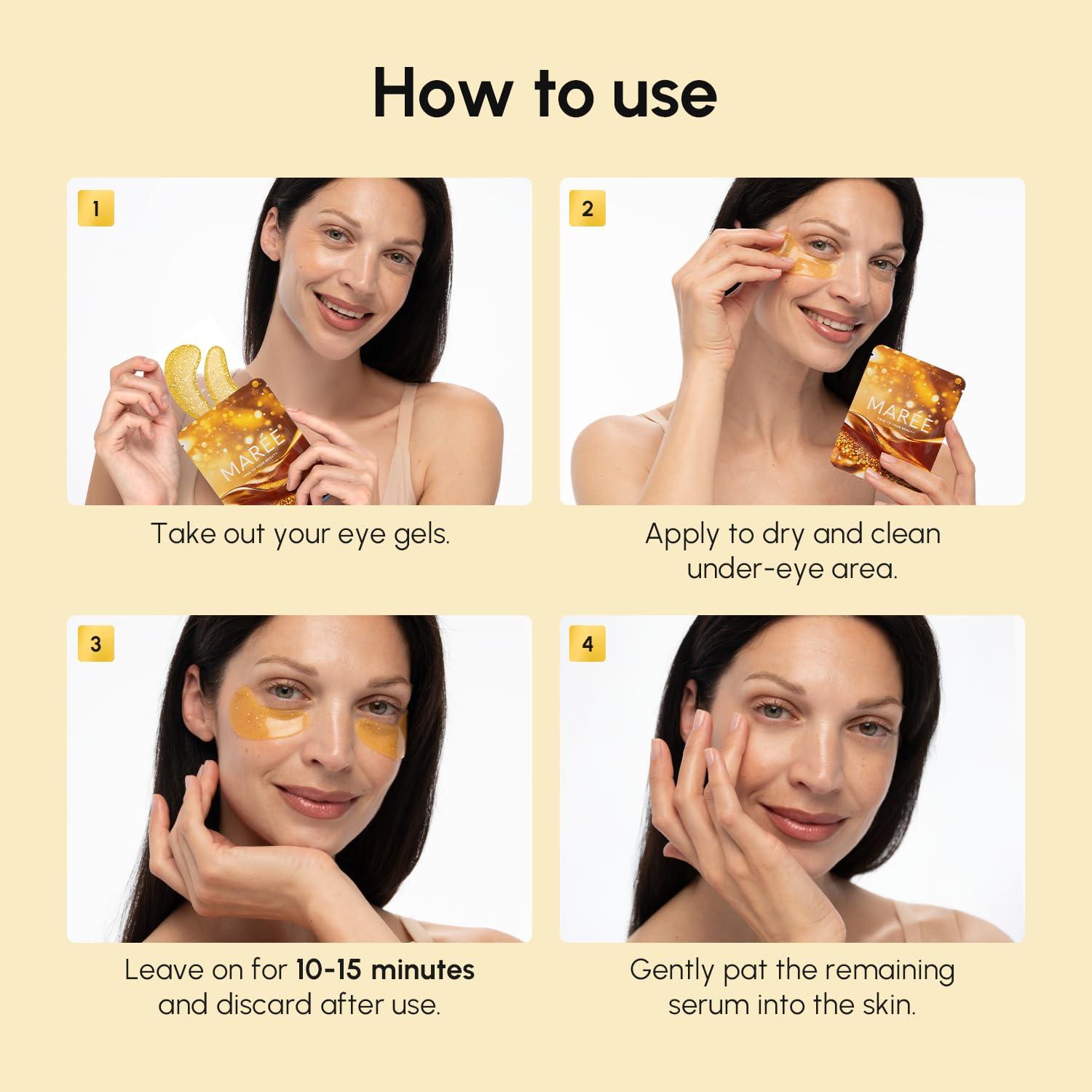 MAREE Eye Gels – Cooling Pads Under Eye Patches for Puffy Eyes and Dark Circles with Collagen & Hyaluronic Acid – Anti Wrinkles Under Eye Masks Skincare Treatment for Puffiness – Parches Para Ojeras(Gold)