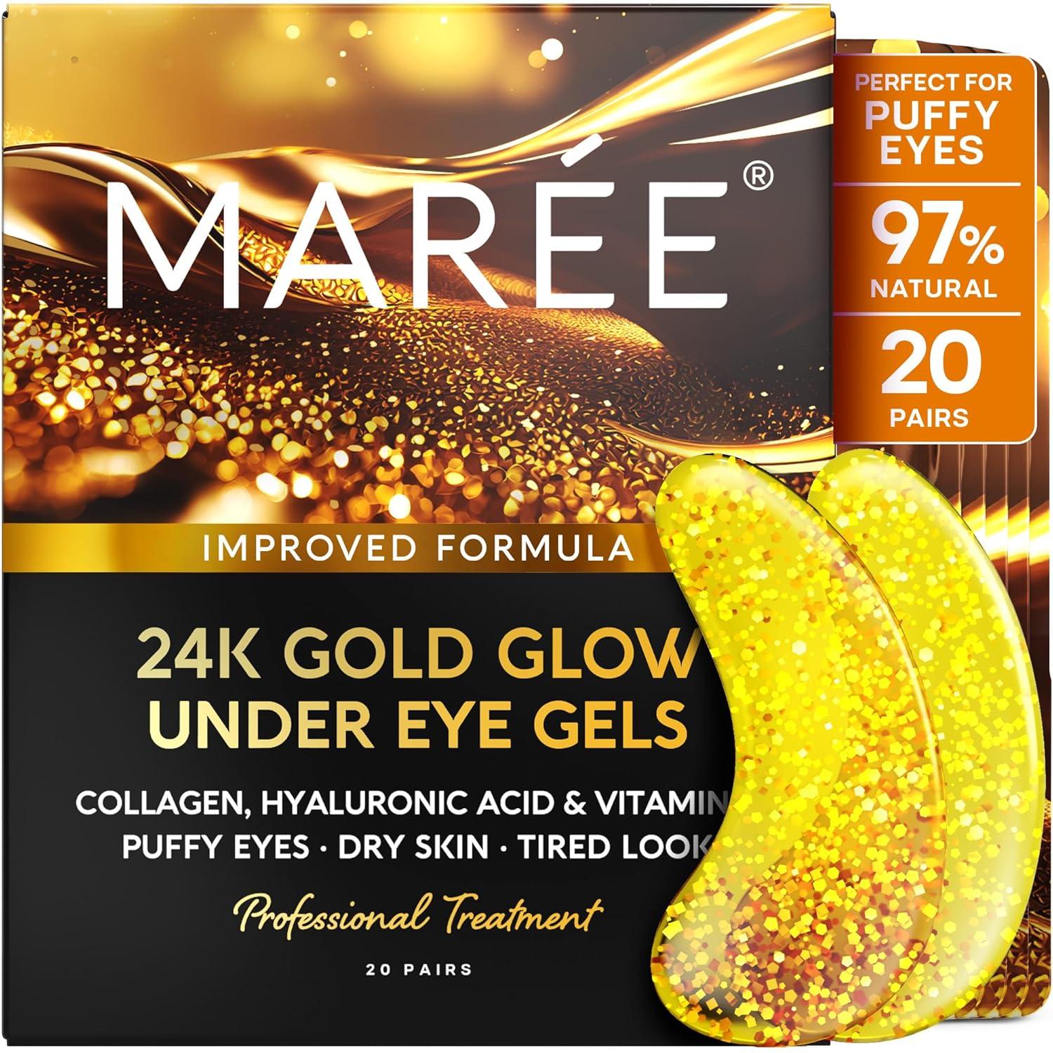 MAREE Eye Gels – Cooling Pads Under Eye Patches for Puffy Eyes and Dark Circles with Collagen & Hyaluronic Acid – Anti Wrinkles Under Eye Masks Skincare Treatment for Puffiness – Parches Para Ojeras(Gold)