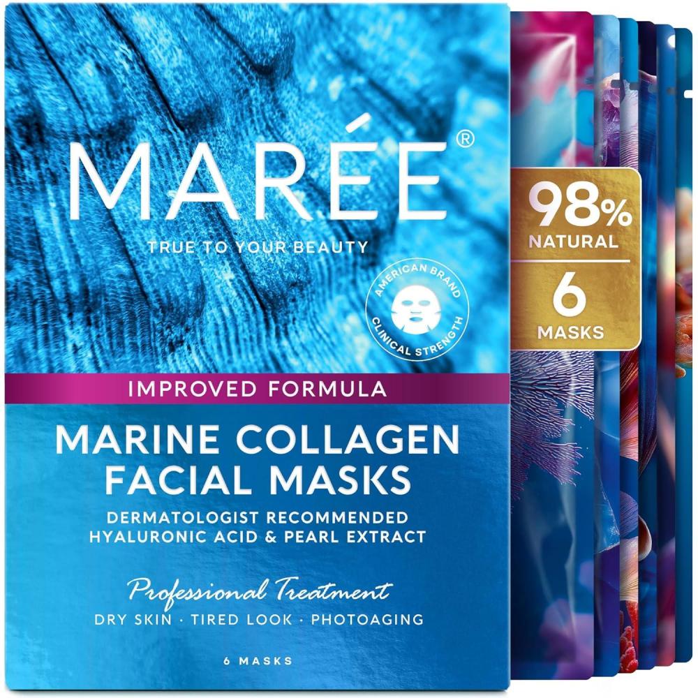 MAREE Collagen Facial Mask with Hyaluronic Acid — Sheet Face Mask Skincare — Centella Asiatica, Green & Red Algae Extract — Hydrating Facemask For Women Skin Care — Mascarillas Para La Cara — 6 Count(Multicolor)