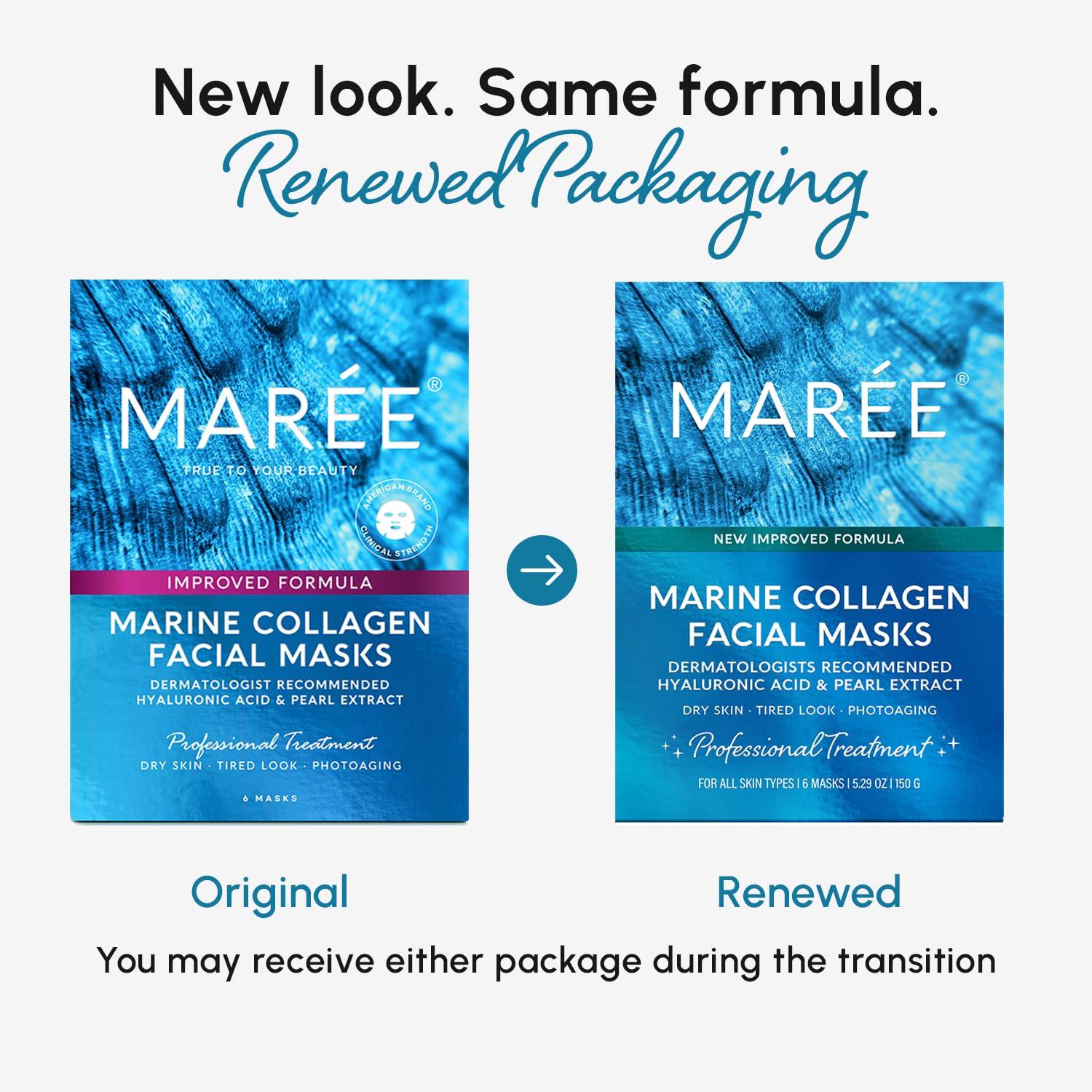 MAREE Collagen Facial Mask with Hyaluronic Acid — Sheet Face Mask Skincare — Centella Asiatica, Green & Red Algae Extract — Hydrating Facemask For Women Skin Care — Mascarillas Para La Cara — 6 Count(Multicolor)