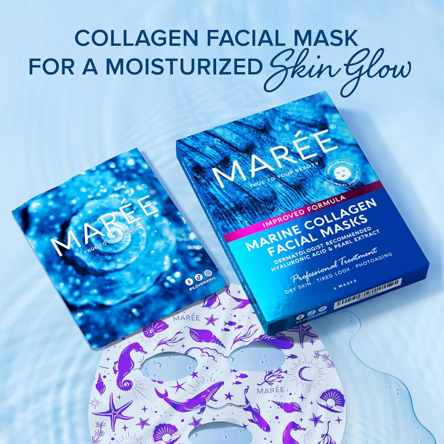 MAREE Collagen Facial Mask with Hyaluronic Acid — Sheet Face Mask Skincare — Centella Asiatica, Green & Red Algae Extract — Hydrating Facemask For Women Skin Care — Mascarillas Para La Cara — 6 Count(Multicolor)