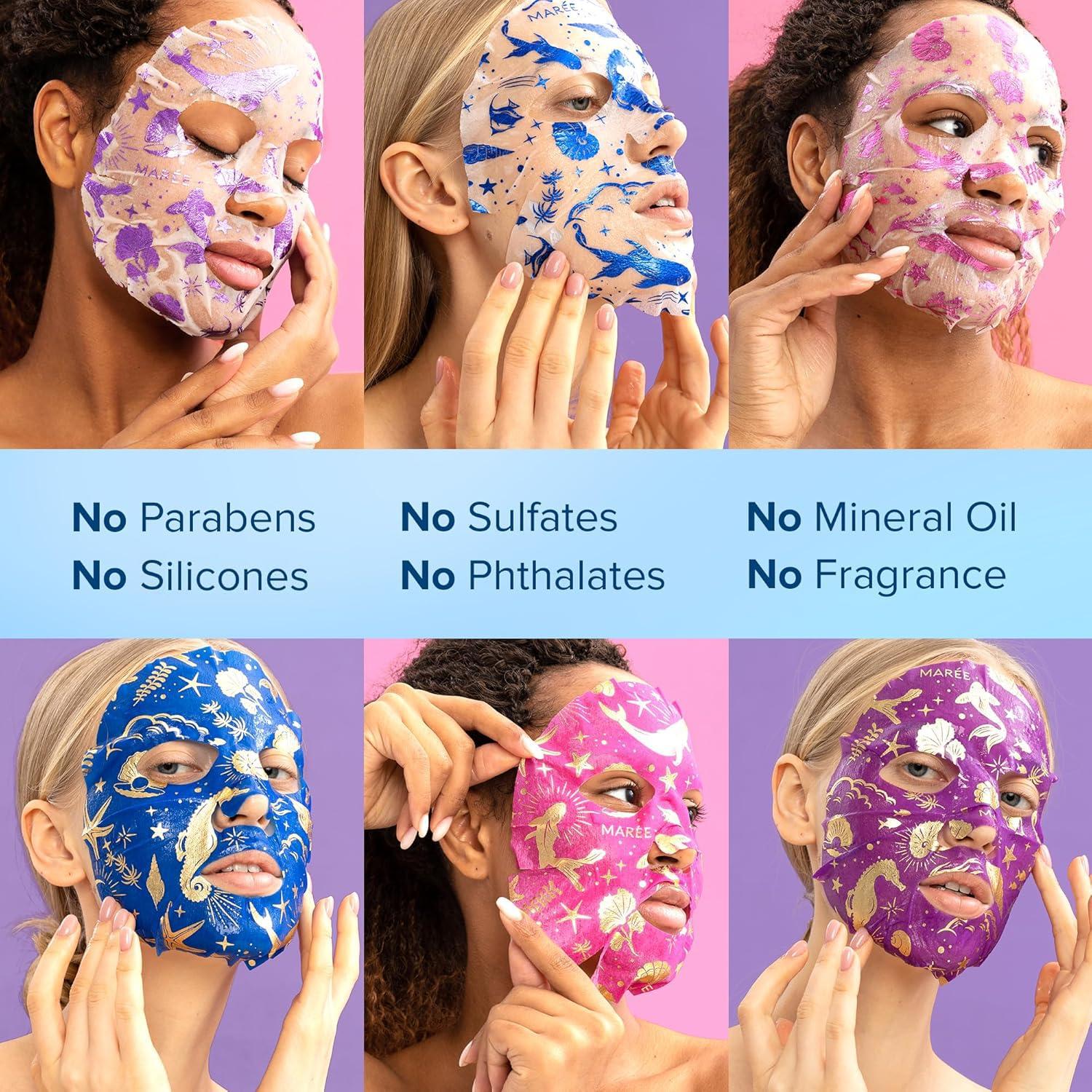 MAREE Collagen Facial Mask with Hyaluronic Acid — Sheet Face Mask Skincare — Centella Asiatica, Green & Red Algae Extract — Hydrating Facemask For Women Skin Care — Mascarillas Para La Cara — 6 Count(Multicolor)