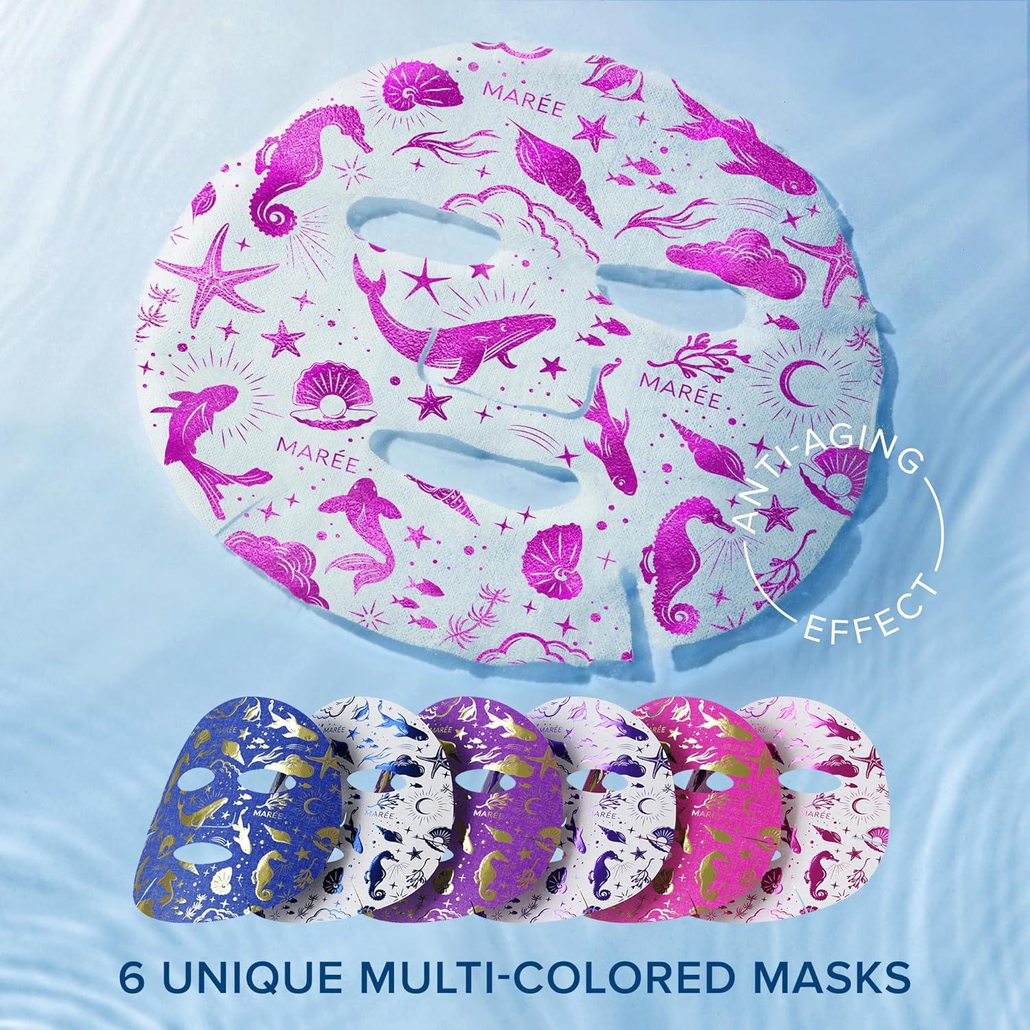 MAREE Collagen Facial Mask with Hyaluronic Acid — Sheet Face Mask Skincare — Centella Asiatica, Green & Red Algae Extract — Hydrating Facemask For Women Skin Care — Mascarillas Para La Cara — 6 Count(Multicolor)