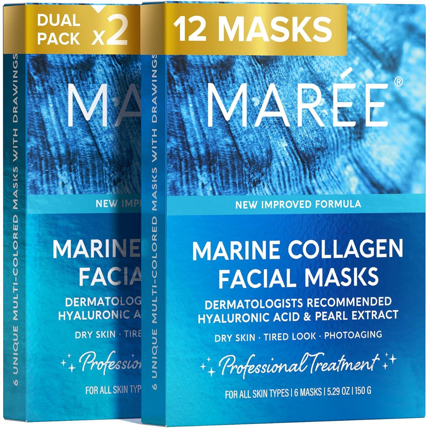 MAREE Collagen Facial Mask with Hyaluronic Acid — Sheet Face Mask Skincare — Centella Asiatica, Green & Red Algae Extract — Hydrating Facemask For Women Skin Care — Mascarillas Para La Cara — 6 Count(Multicolor)