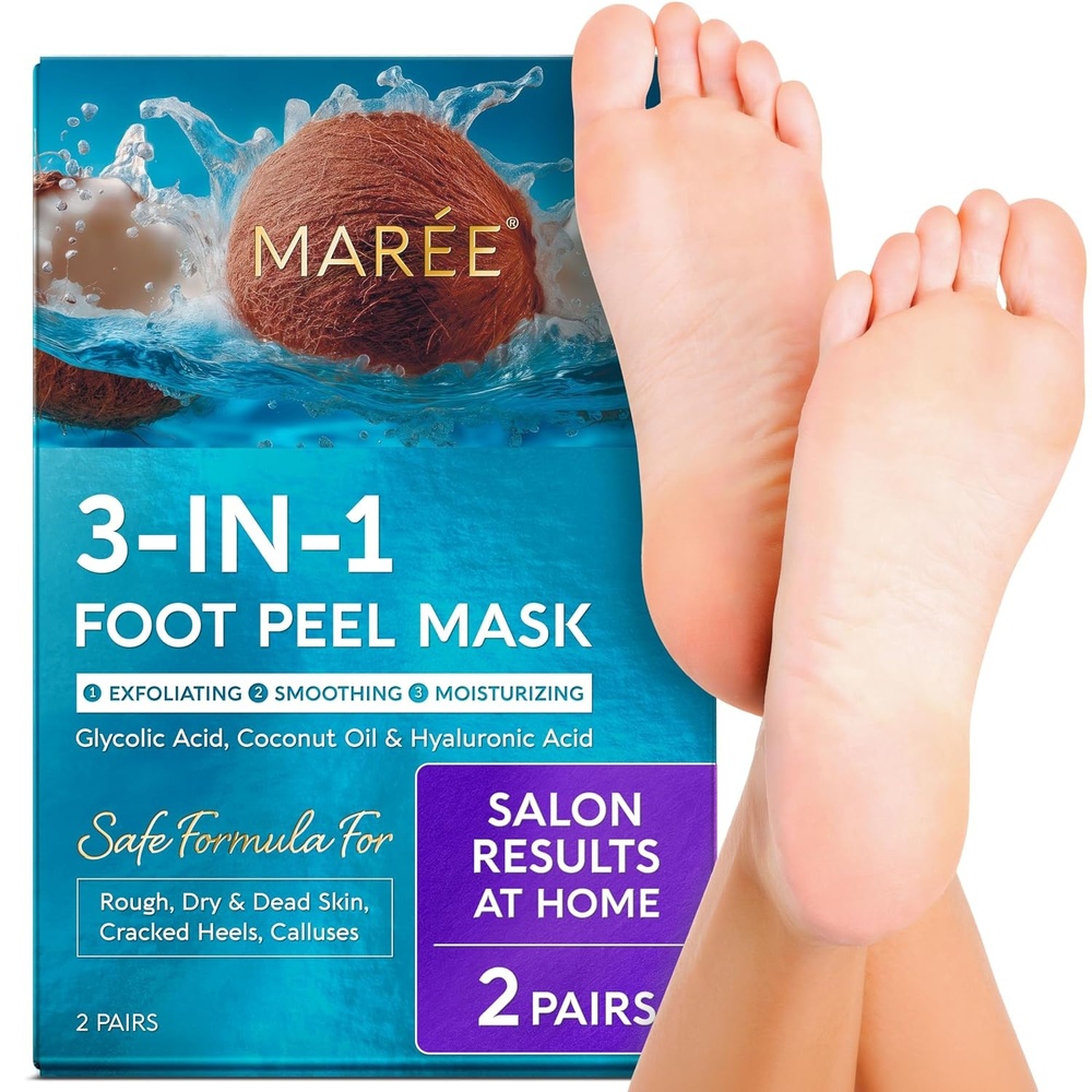 MAREE Foot Peeling Mask – 3-in-1 Foot Mask for Dry Cracked Feet, Callus Remover – Dead Skin Exfoliating Foot Peel Mask with Glycolic Acid – Moisturizing Socks for Men – Spa Self Care Gifts for Women(Coconut)