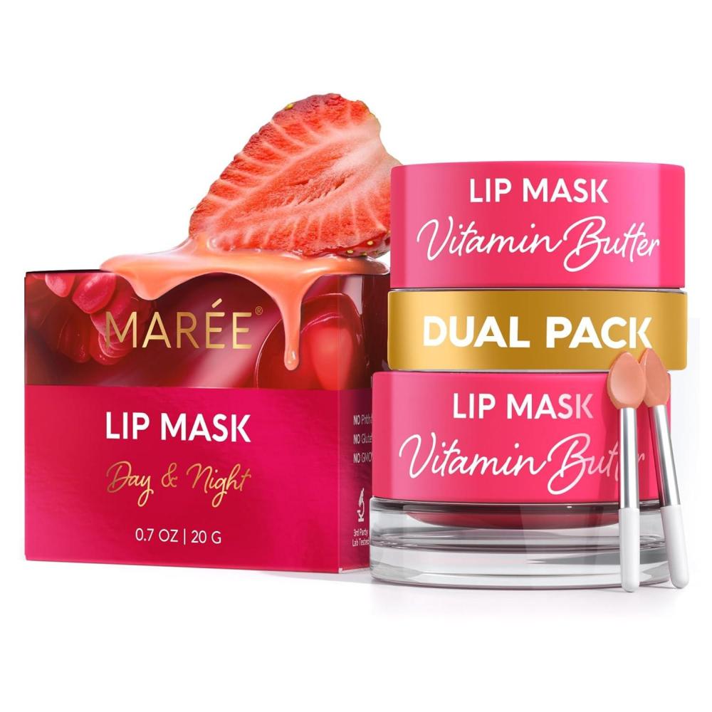 MAREE Lip Mask Overnight – Lip Moisturizer For Very Dry Lips – Hydrating Lip Butter Balm with Hyaluronic Acid & Collagen – Overnight Lip Treatment – Lip Sleeping Mask Repair – Hidratante de Labios(Lip Mask 2 Pack)