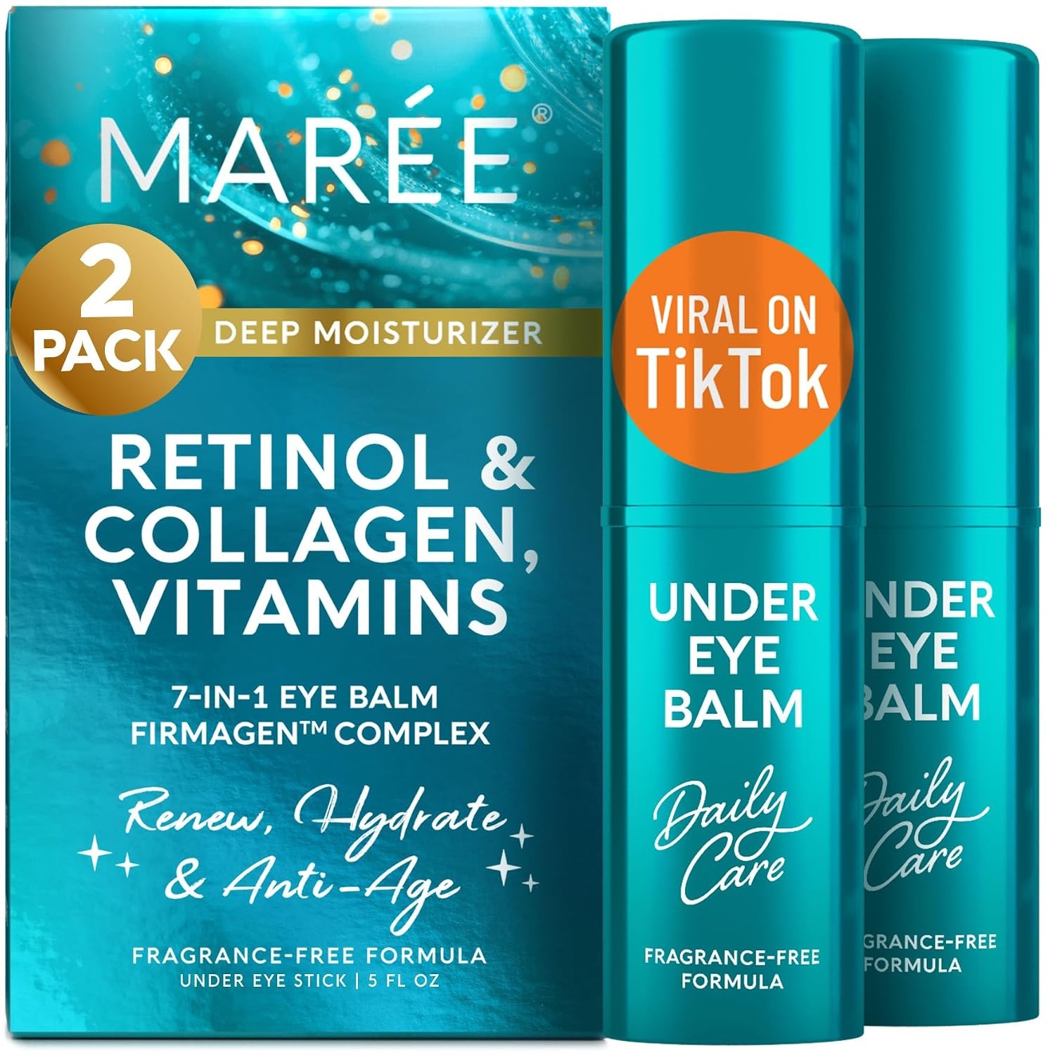 MAREE Under Eye Balm Stick Hydrating – Retinol Caffeine Under Eye Brightener Stick for Older Women – Collagen Undereye Cream for Dark Circles & Wrinkles – 0.28 Ounce, Gold(Teal)