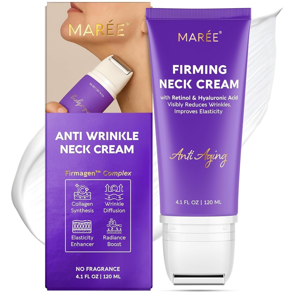 MAREE Neck Cream with Face Roller – Neck Creams For Tightening and Firming – Pro Retinol & AH-8 Firming Neck Cream Roller – Face Double Chin Wrinkle Cream for Women – Crema Reafirmante Para el Cuello(Purple)