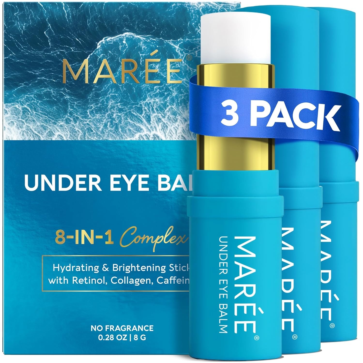MAREE Under Eye Balm Stick Hydrating – Retinol Caffeine Under Eye Brightener Stick for Older Women – Collagen Undereye Cream for Dark Circles & Wrinkles – 0.28 Ounce, Gold(Blue)